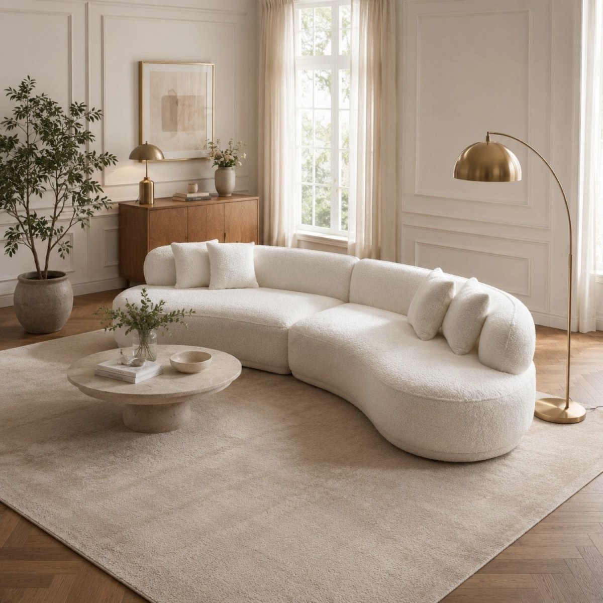 A curved, plush white sectional sofa in a bright, modern living room with beige walls, a matching rug, and a round coffee table.