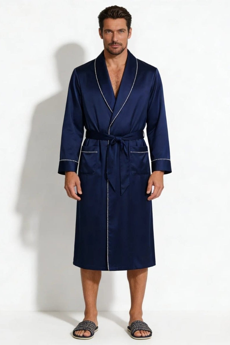 Man wearing the Fenlo Form  navy blue Mulberry silk robe with white contrast piping, shown from the front against a white background.