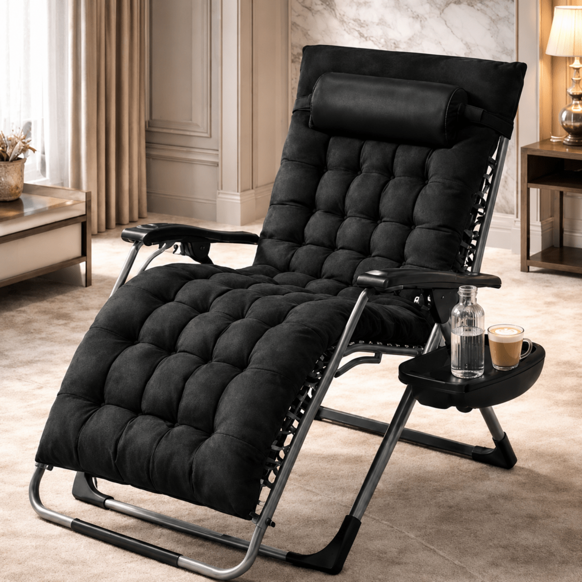 A black tufted reclining chaise lounge chair with a matching headrest pillow, shown in a furnished living room setting with a side tray holding a glass bottle and a cup.