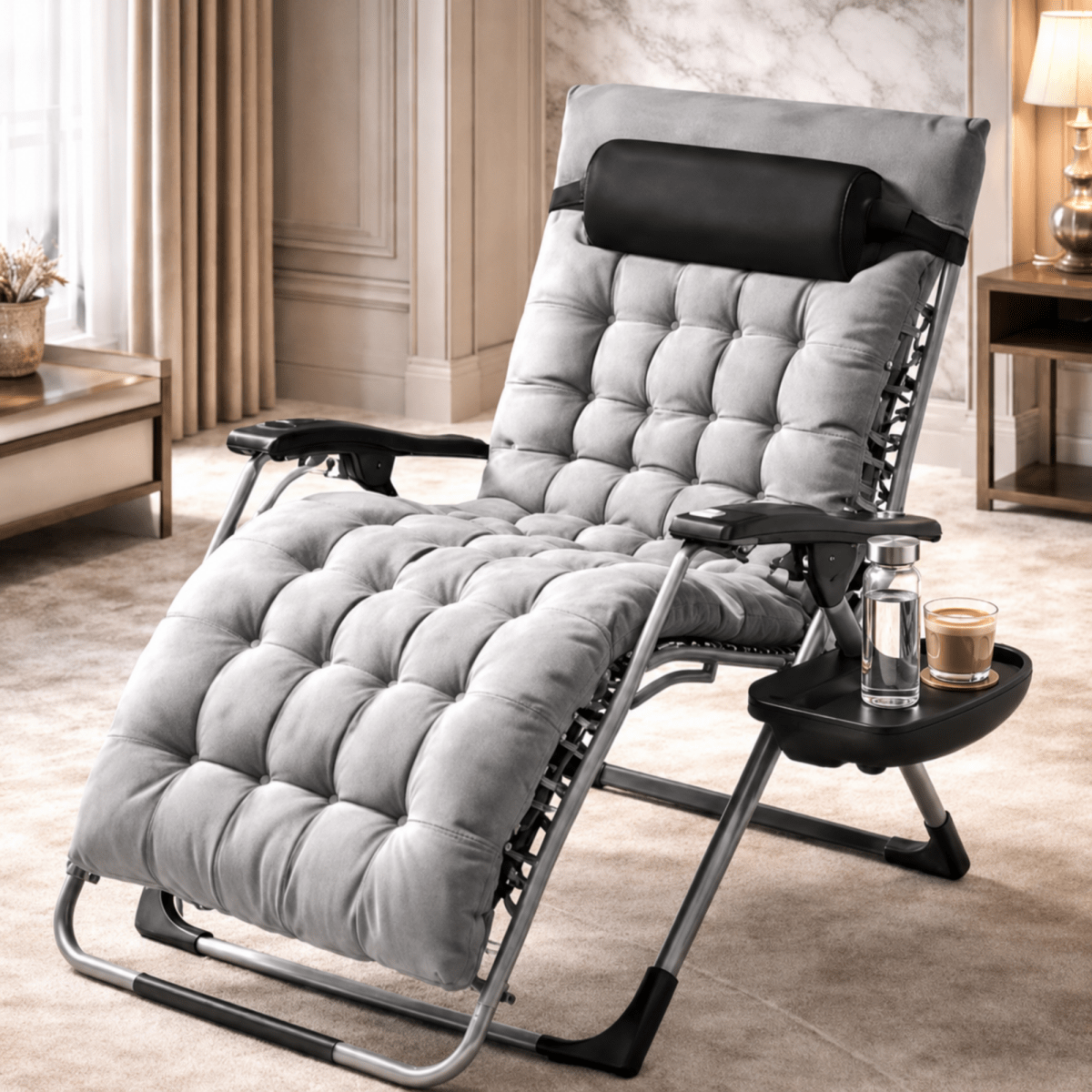 A padded reclining lounge chair with a tufted light gray cushioned seat and back, black armrests, a black headrest pillow, and a black side tray table holding a glass bottle and cup, shown in a furnished indoor room.