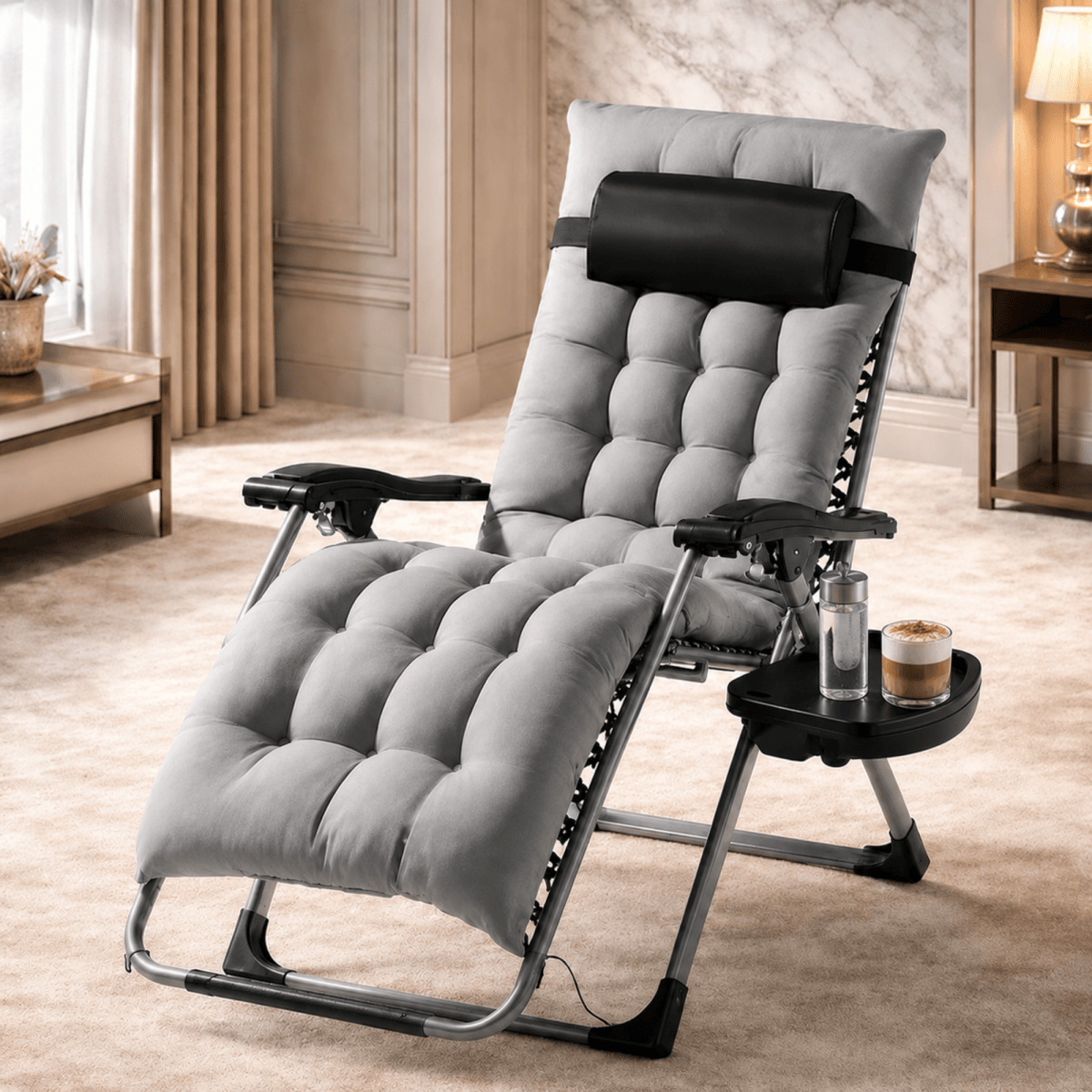 A modern gray tufted recliner chair with a black headrest and side tray table, shown in a furnished living room setting.