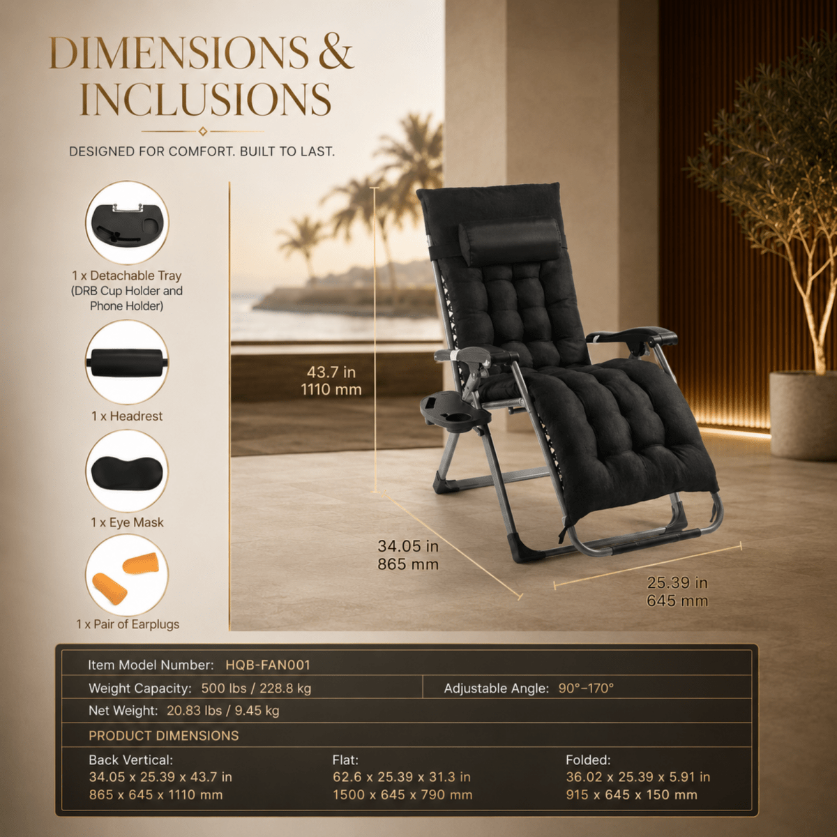 A promotional infographic for a black reclining lounge chair showing product dimensions, included accessories, and product specifications. The main visual is the chair in a furnished indoor setting with palm trees in the background, alongside icons for a detachable tray, headrest, eye mask, and earplugs.