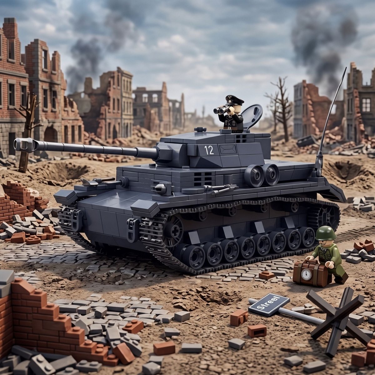 Fenlo Form WW2 German Panzer IV tank building block set in a realistic diorama with military mini figures in a ruined city scene.