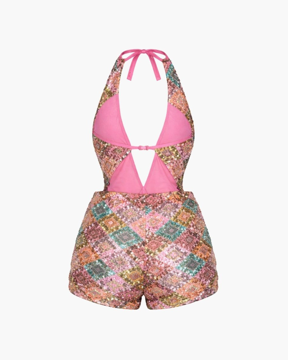 Back view ghost mannequin of yellow  showing pink lining.
