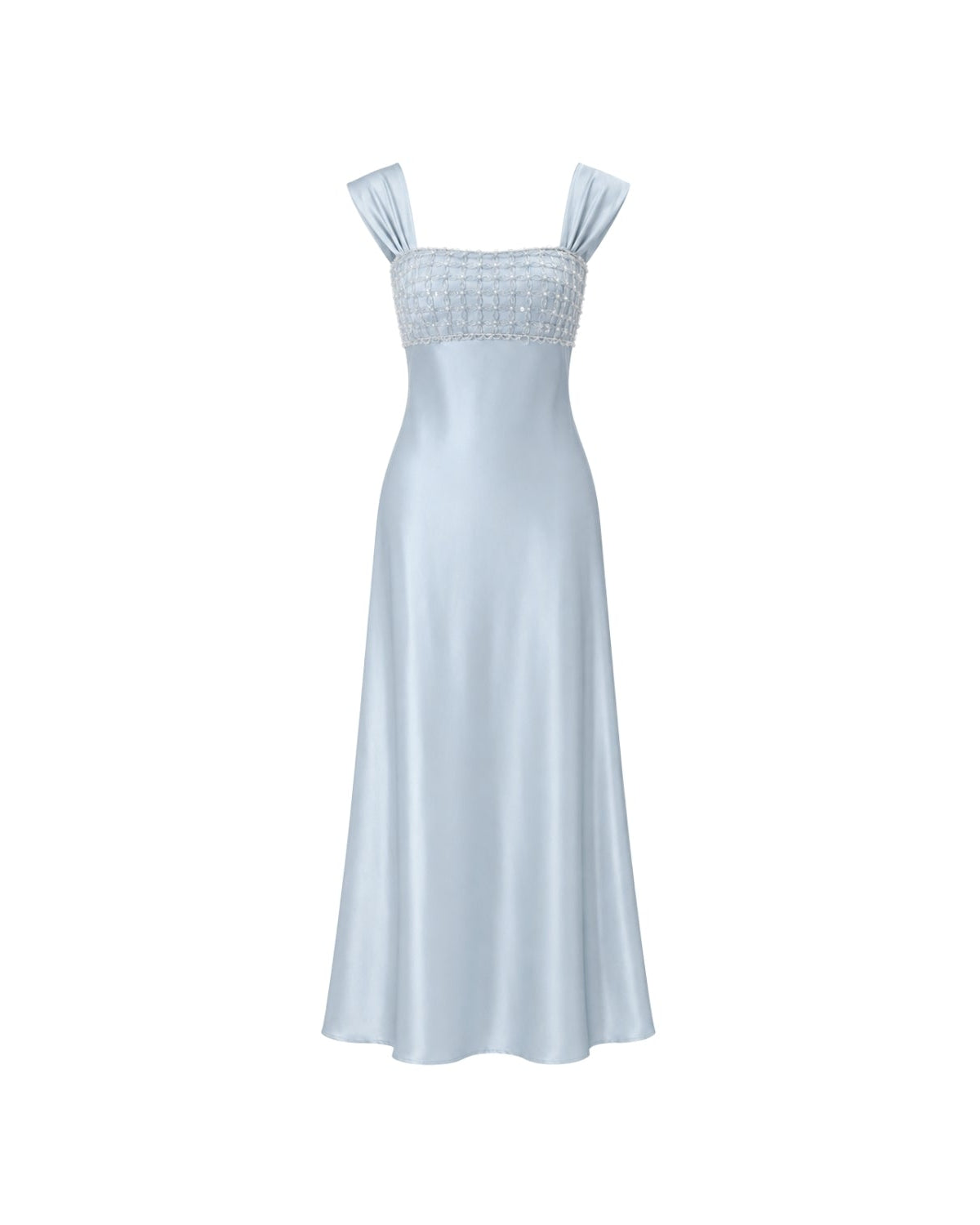 Ghost mannequin front view of a blue satin evening gown with intricate lattice beadwork on the bust