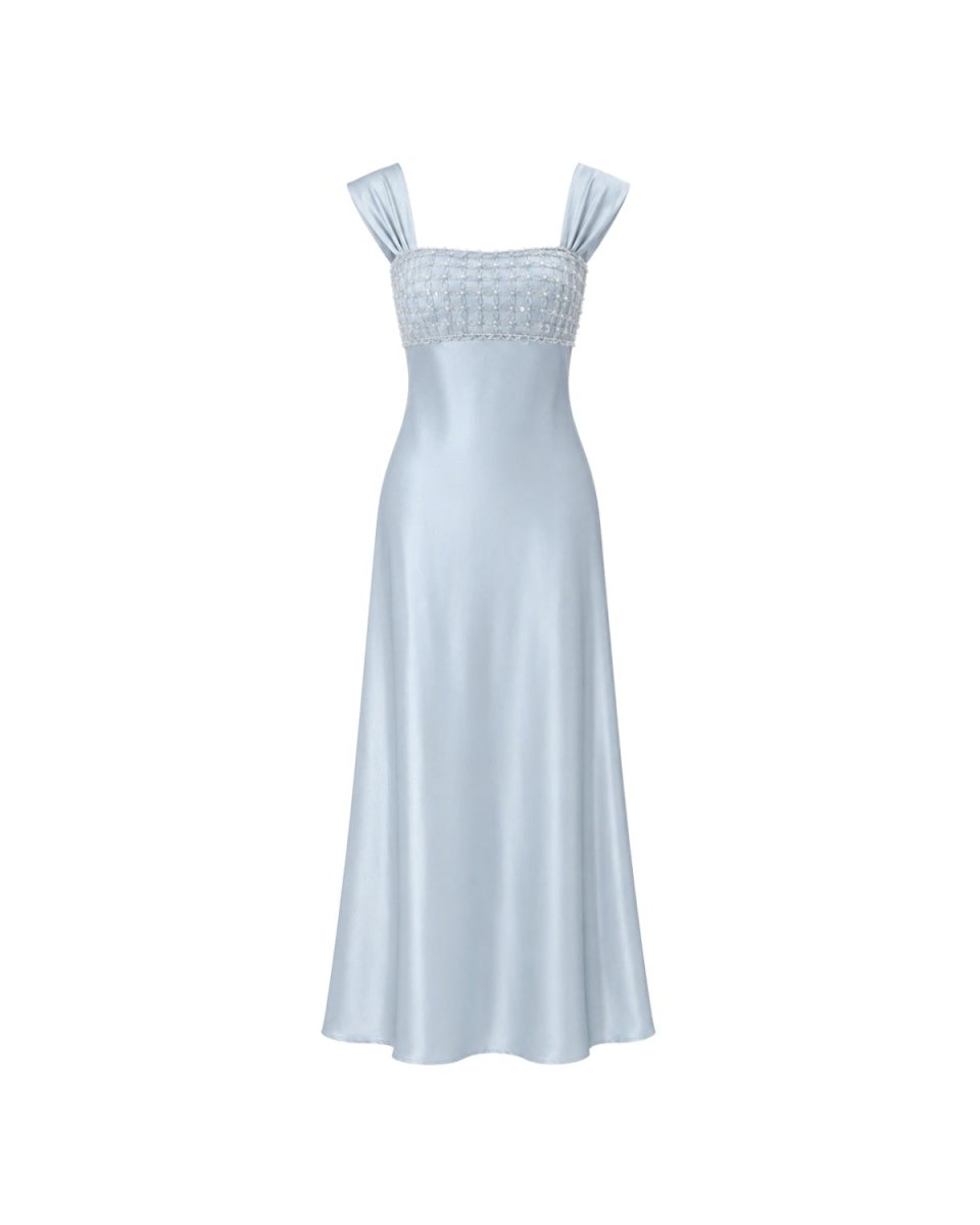 Ghost mannequin front view of a blue satin evening gown with intricate lattice beadwork on the bust