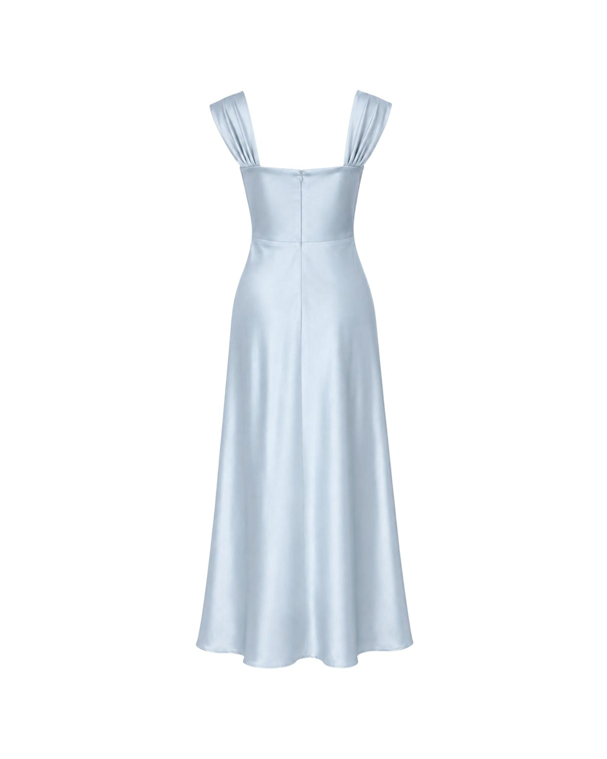 Ghost mannequin back view of a blue satin formal wedding guest dress showing tailored construction