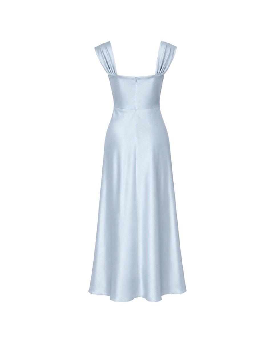 Ghost mannequin back view of a blue satin formal wedding guest dress showing tailored construction