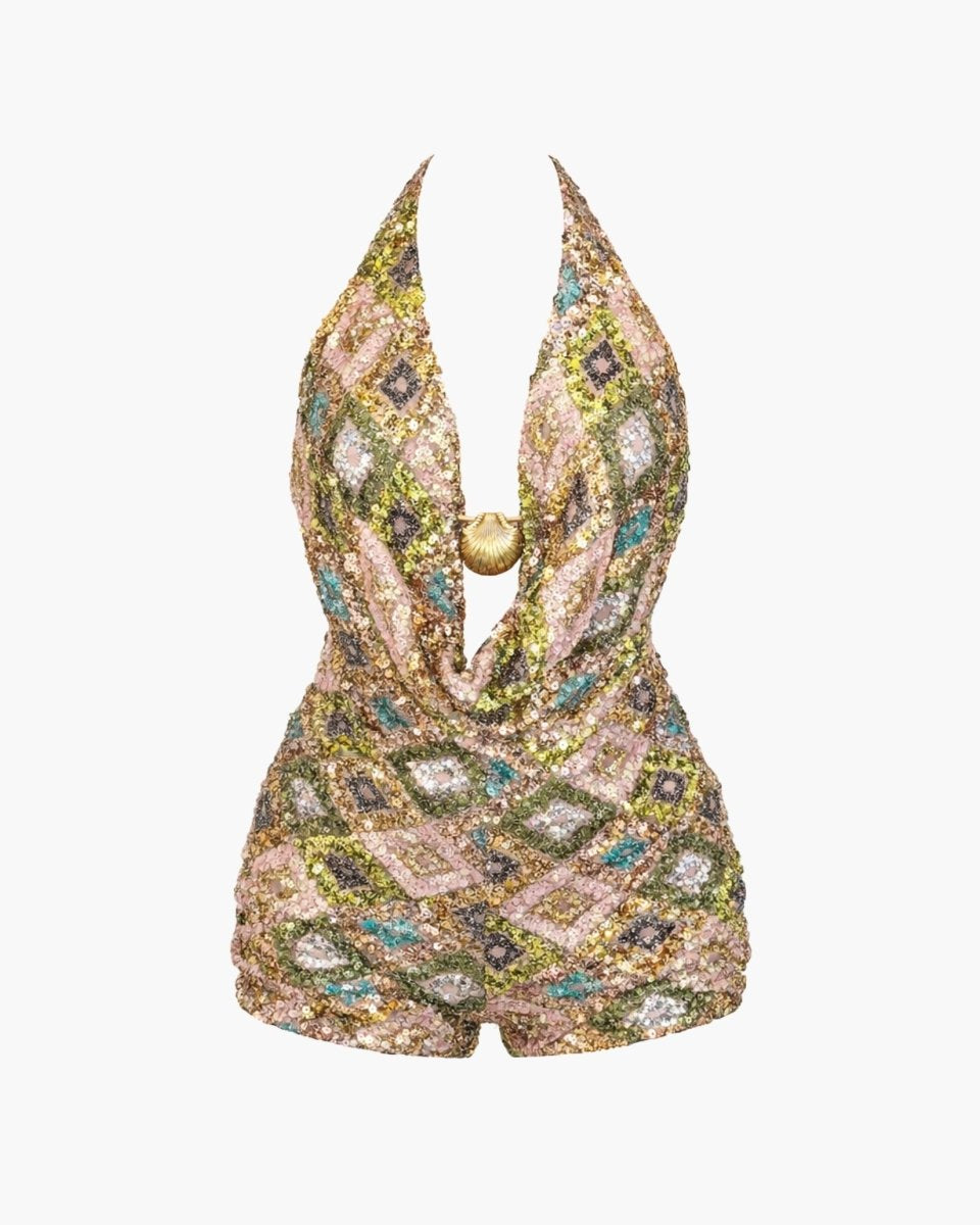 Ghost mannequin view of yellow and green diamond sequin plunging romper with center shell detail.