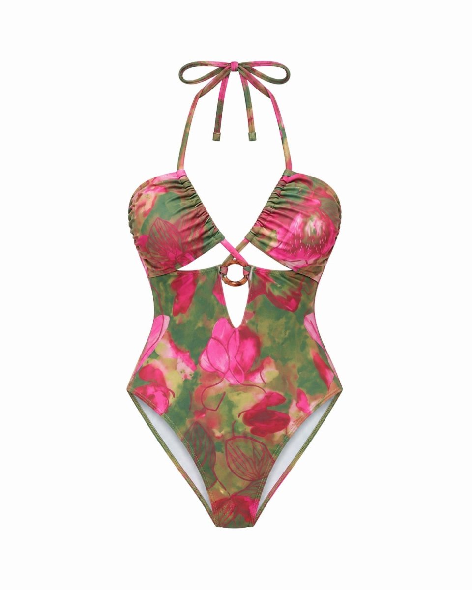 Detailed view showing the double lining and back clasp of the luxury floral one-piece swimwear