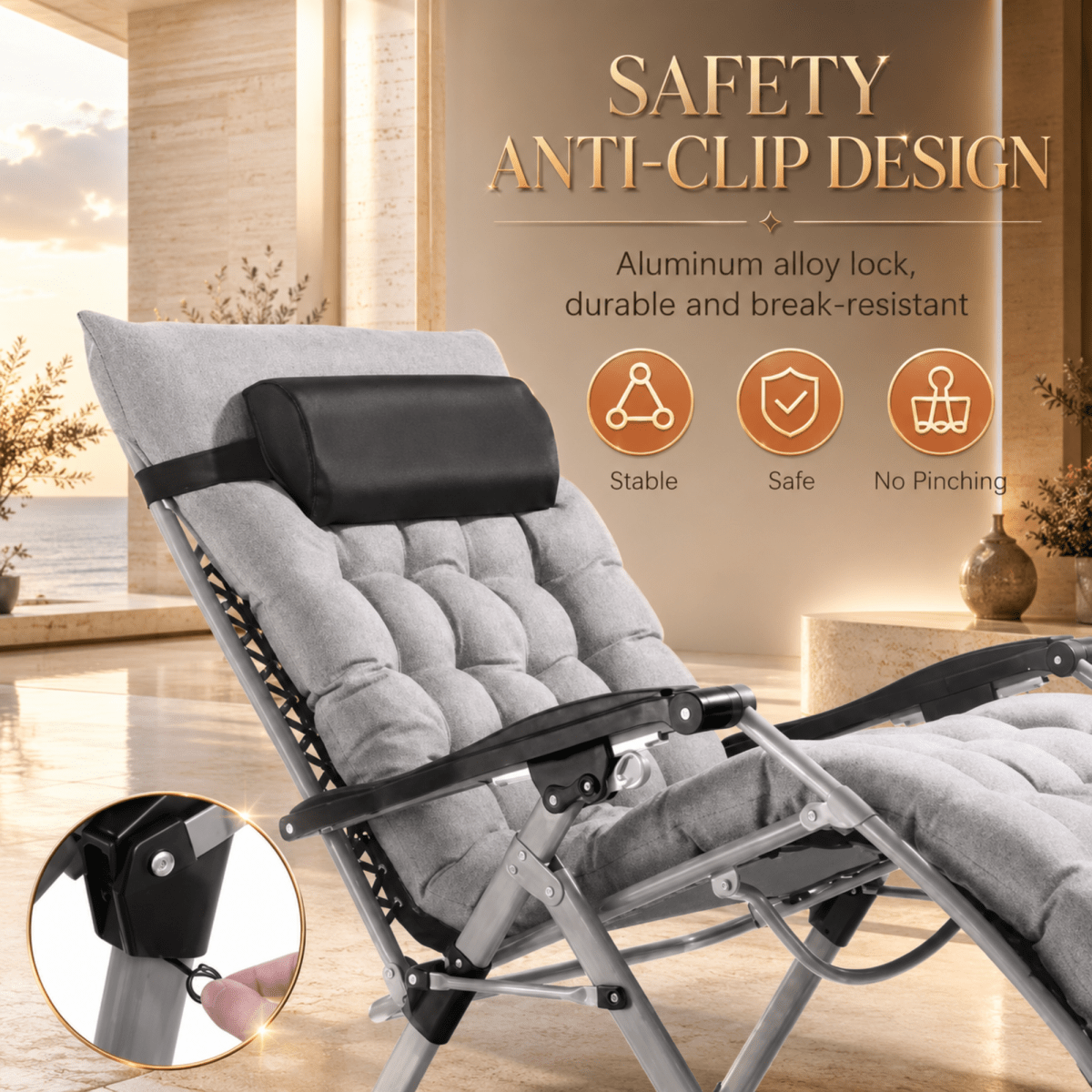 Gray tufted reclining lounge chair with a black headrest and armrest straps, shown in a warm indoor setting with promotional text about anti-clip design and a circular inset demonstrating the locking mechanism.