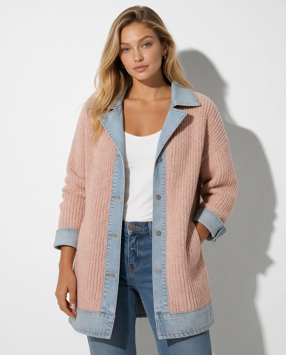 Vorderansicht der rosafarbenen Paulina Strickjacke mit Denimblende am Model.