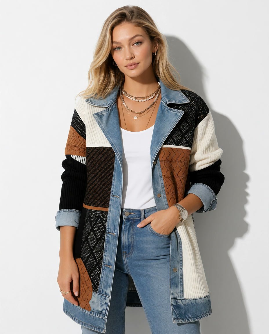 Vorderansicht der braun-schwarz-cremefarbenen Paulina Patchworkjacke mit Denimdetails am Model.