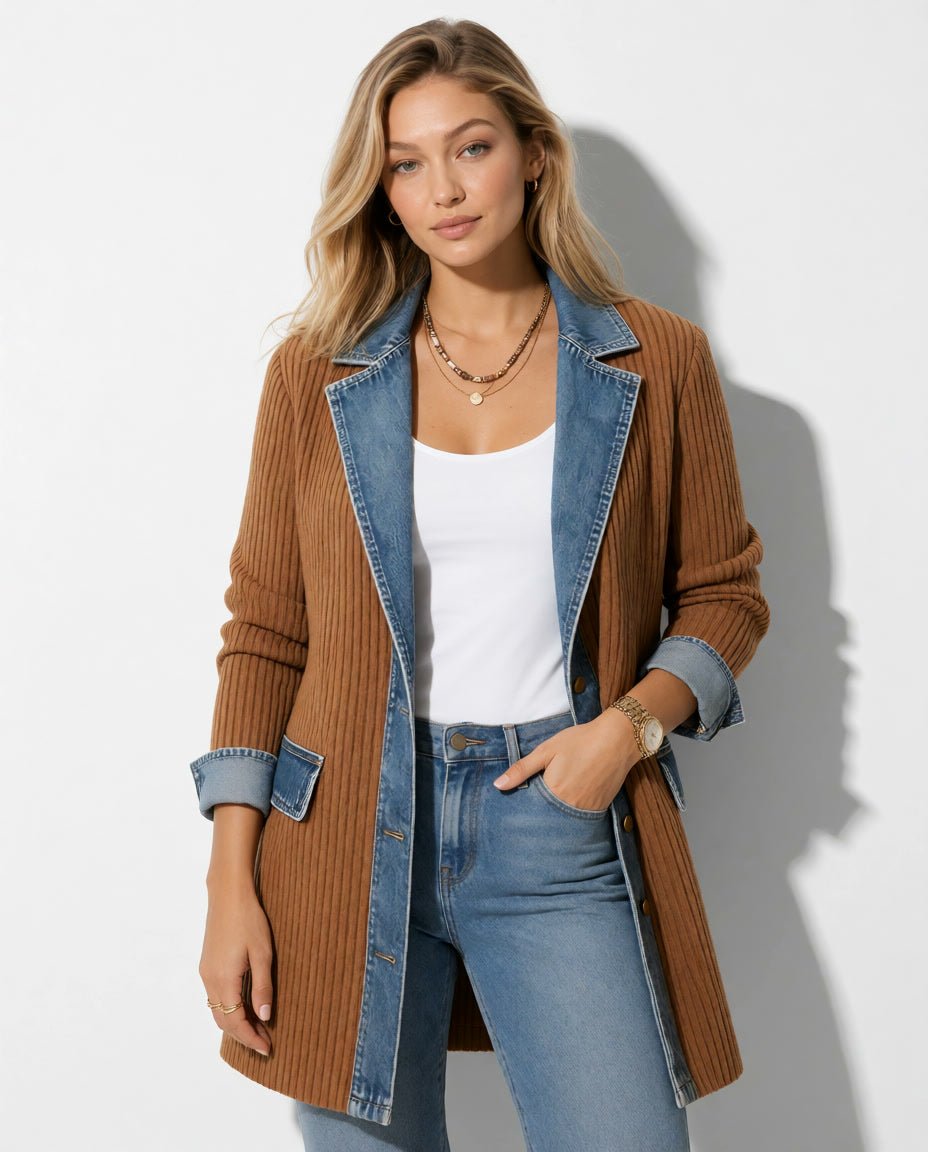 Vorderansicht der camelbraunen Paulina Strickjacke mit Denimrevers und Taschenklappen am Model.