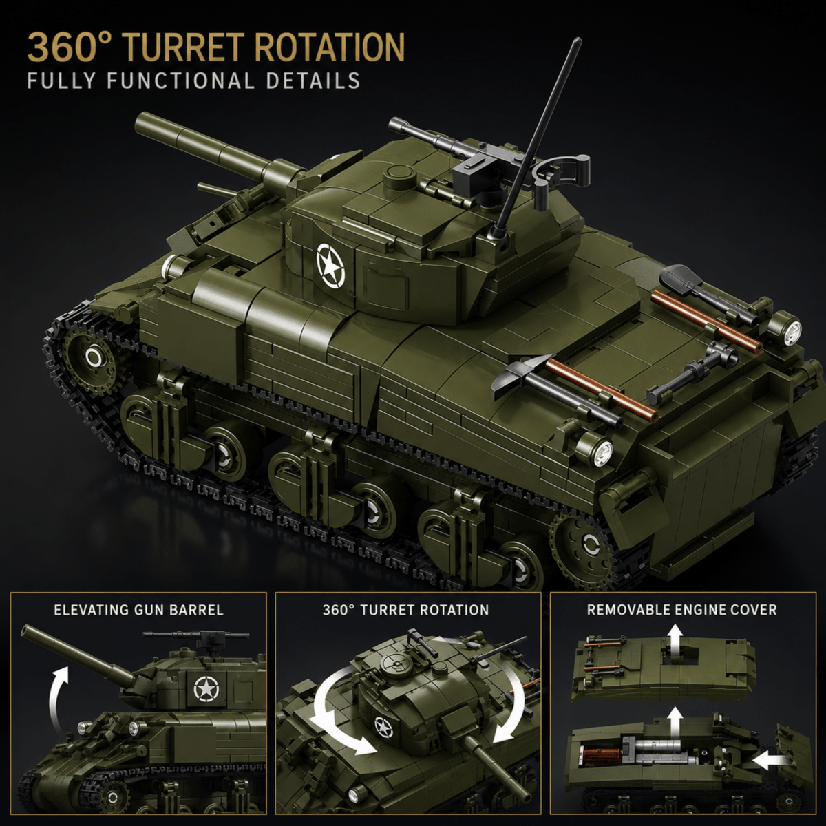 An olive green toy tank model shown on a dark studio background, with marketing text at the top and three inset detail panels at the bottom highlighting turret rotation, elevating gun barrel, and removable engine cover.