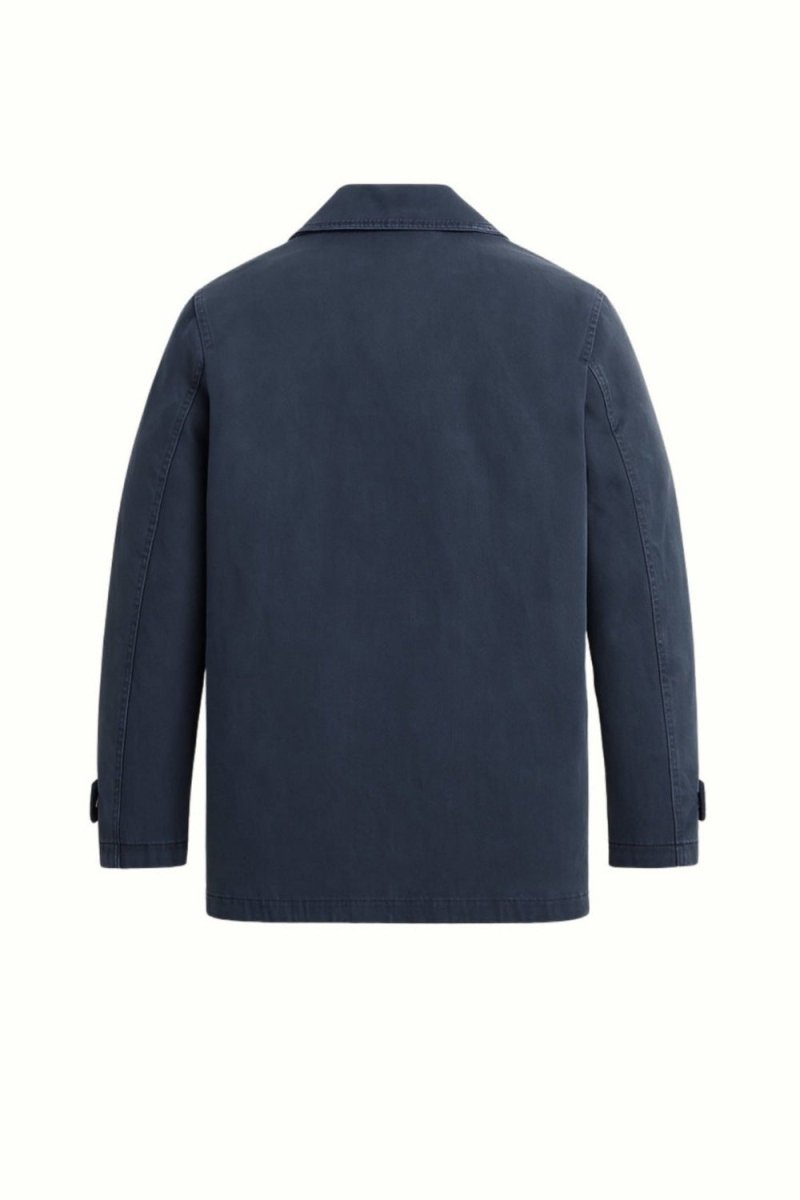 A dark navy blue jacket shown from the back, featuring a classic collar and long sleeves with button-tab cuffs, displayed on a clean white background.