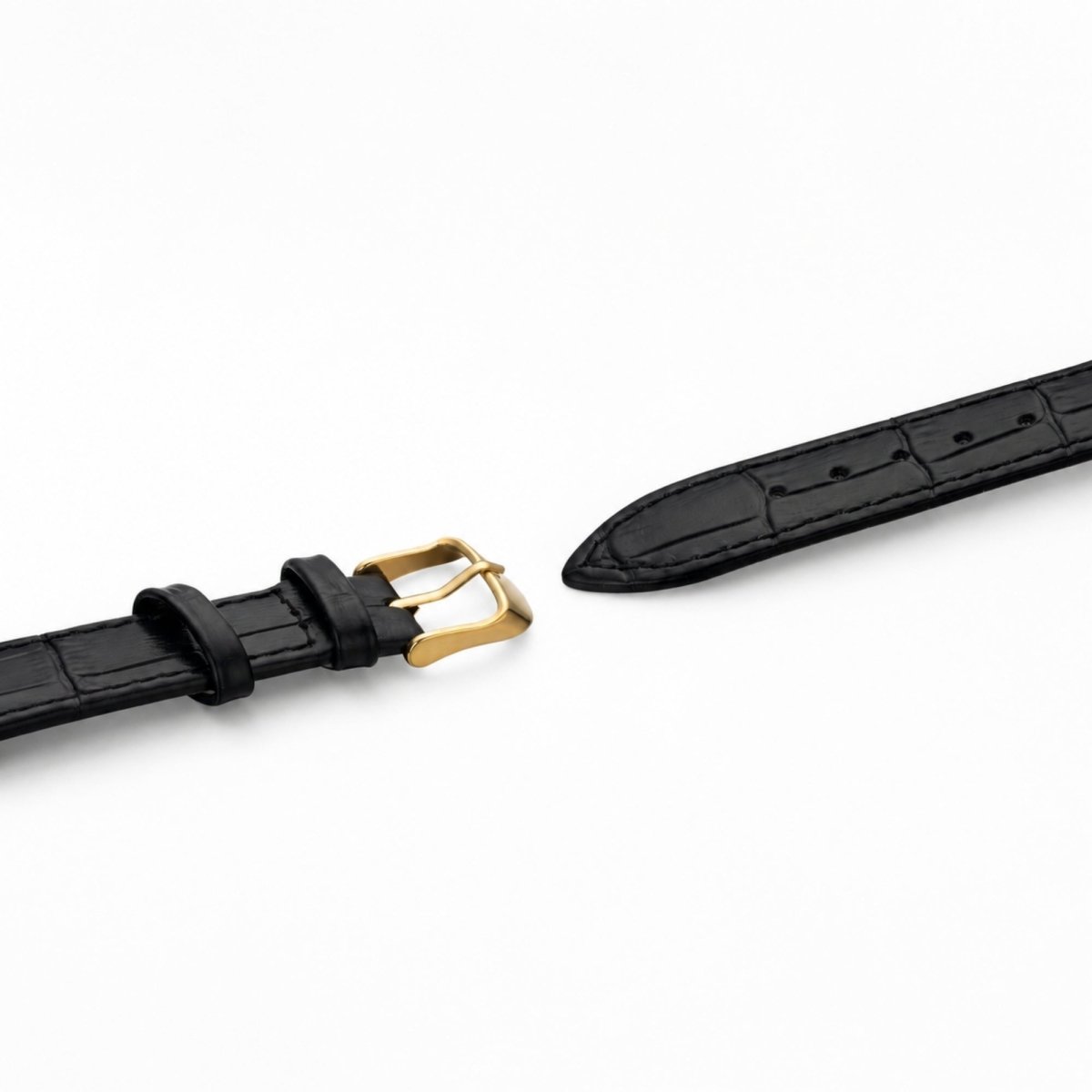 Detailed macro view of the Kouvr watch's adjustable black genuine leather strap and polished gold-tone stainless steel buckle.