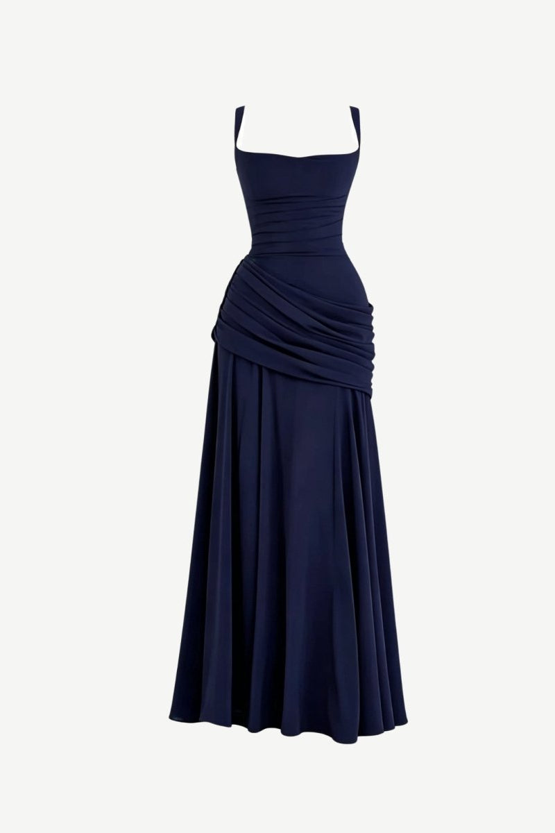 Front view ghost mannequin product photography of a dark navy blue asymmetrical ruched evening gown with square neckline.