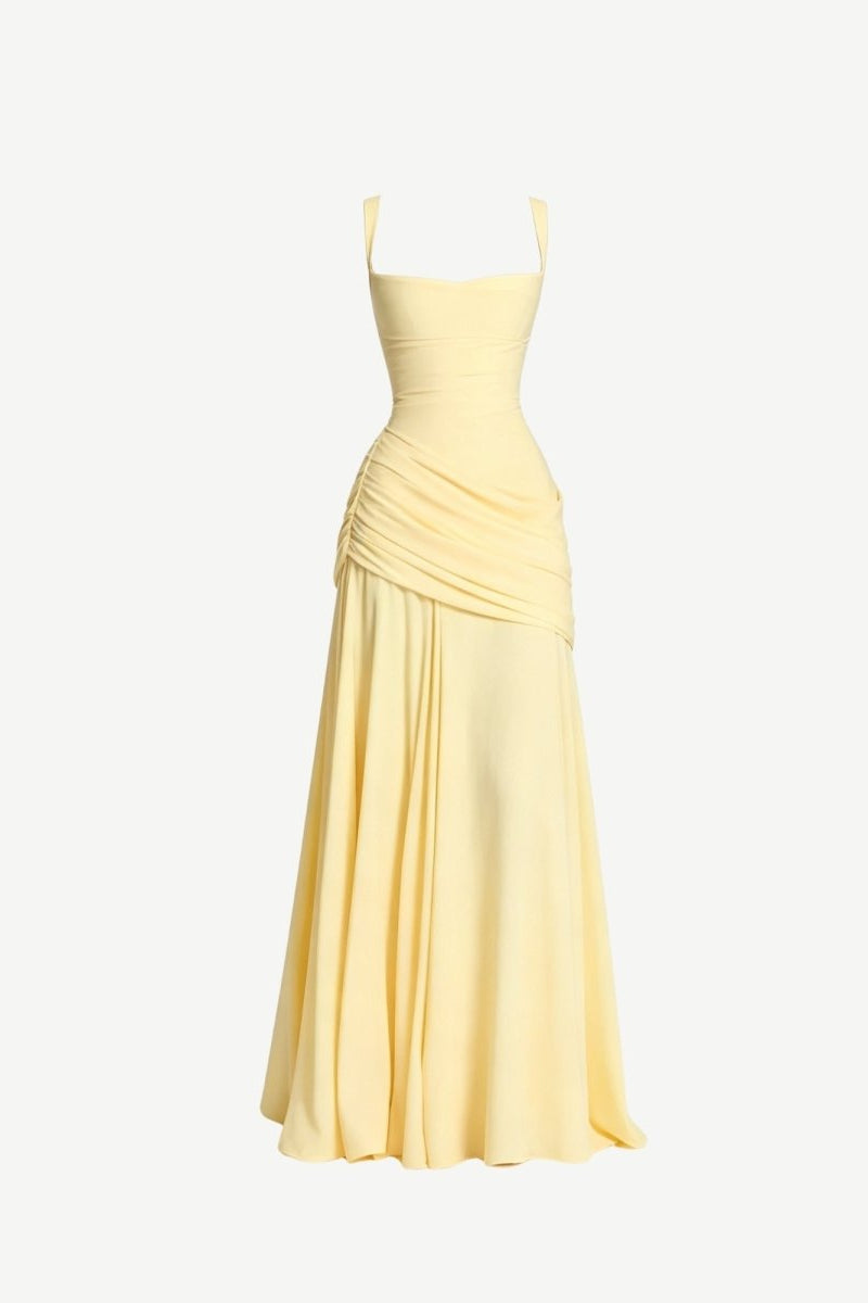 Front view ghost mannequin product photography of a pale yellow asymmetrical ruched evening gown with a square neckline and fitted bodice.