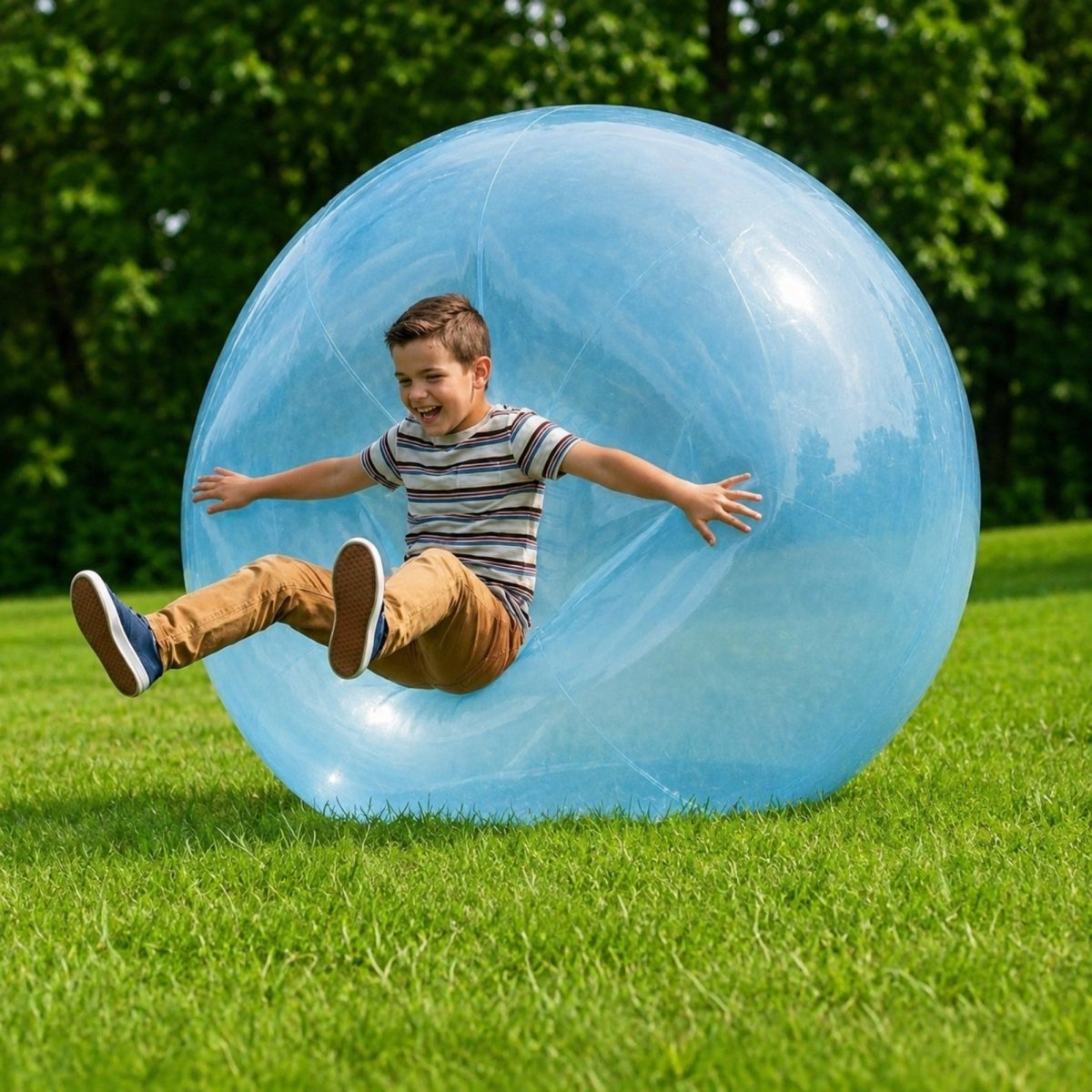 A happy boy bouncing against a massive blue bubble ball that expands to 110cm, highlighting its super bouncy and durable design.