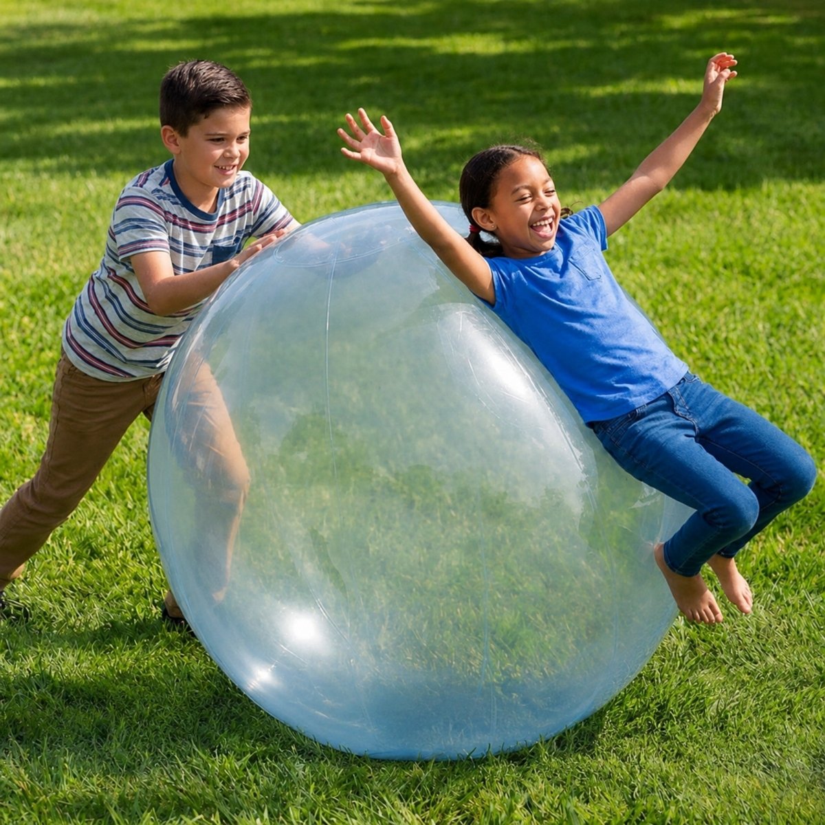 Two smiling children pushing a giant blue inflatable bubble ball across the grass in a backyard, featuring a buy one get one free special.