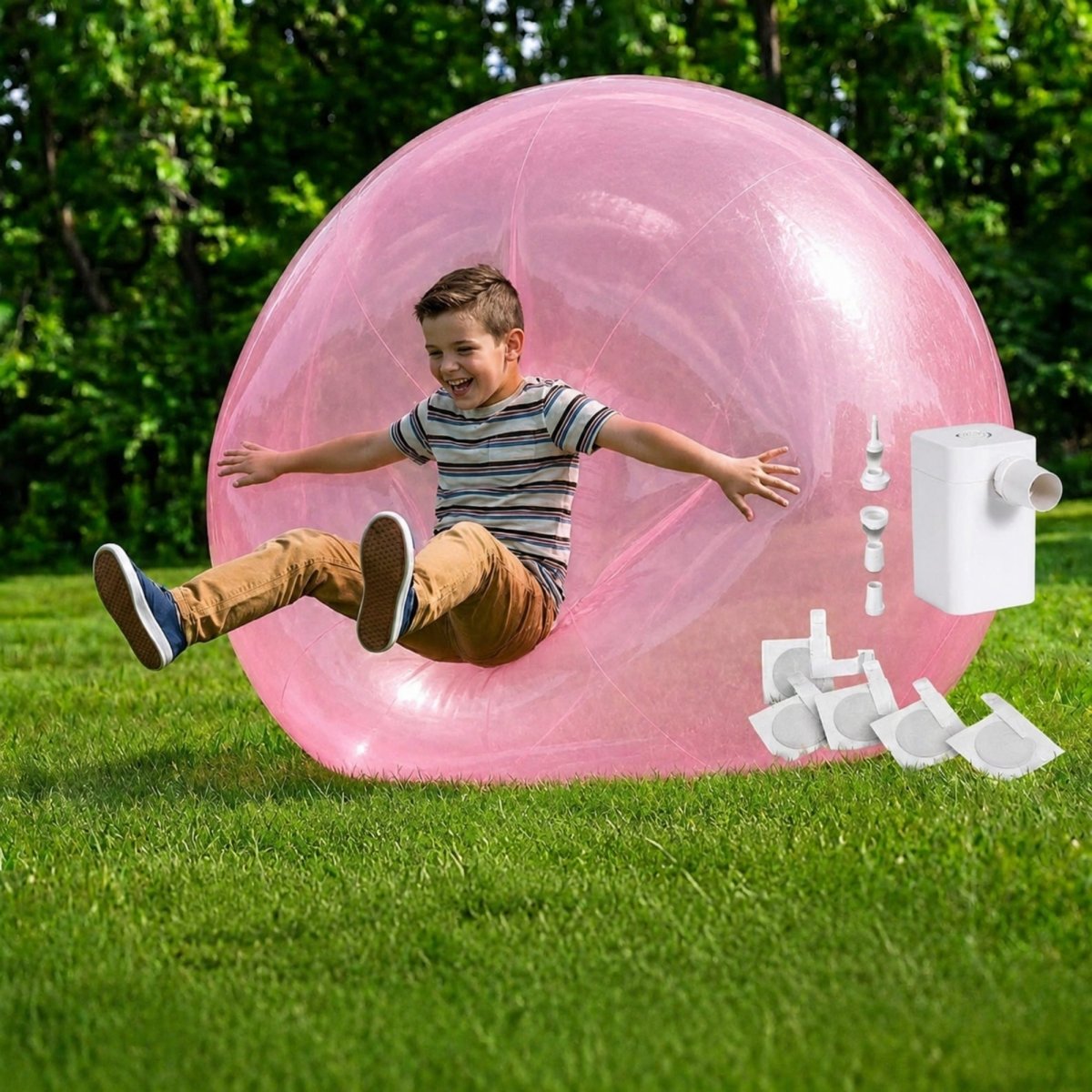 Pink giant inflatable bubble ball displayed on a lawn with a white electric pump and accessories, featuring a buy one get one free offer.