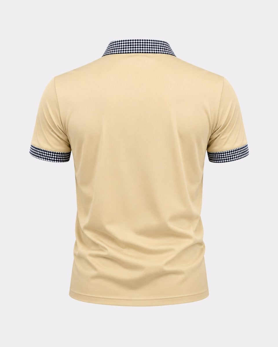 Beige polo shirt with checkered trim on a white background