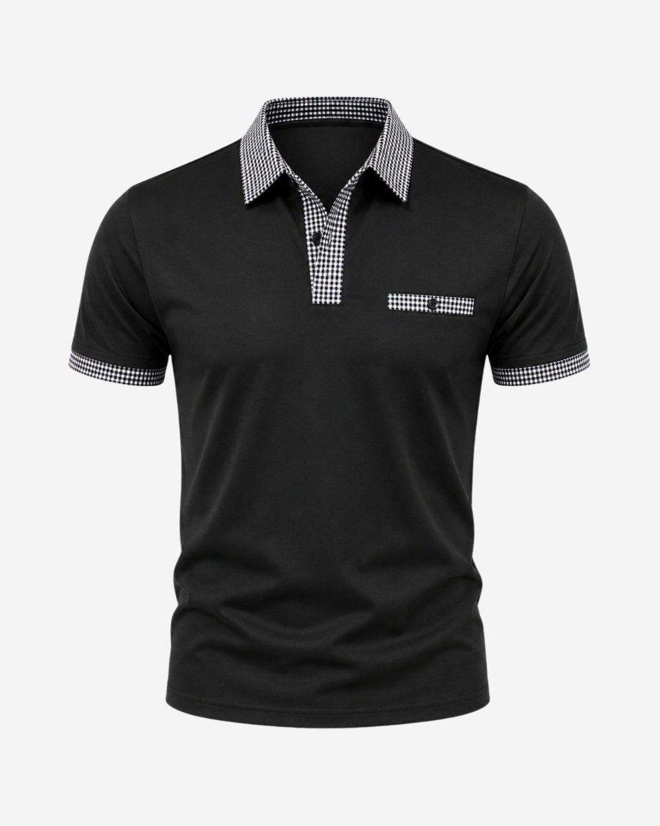 Black polo shirt with checkered collar and sleeve trim on a white background