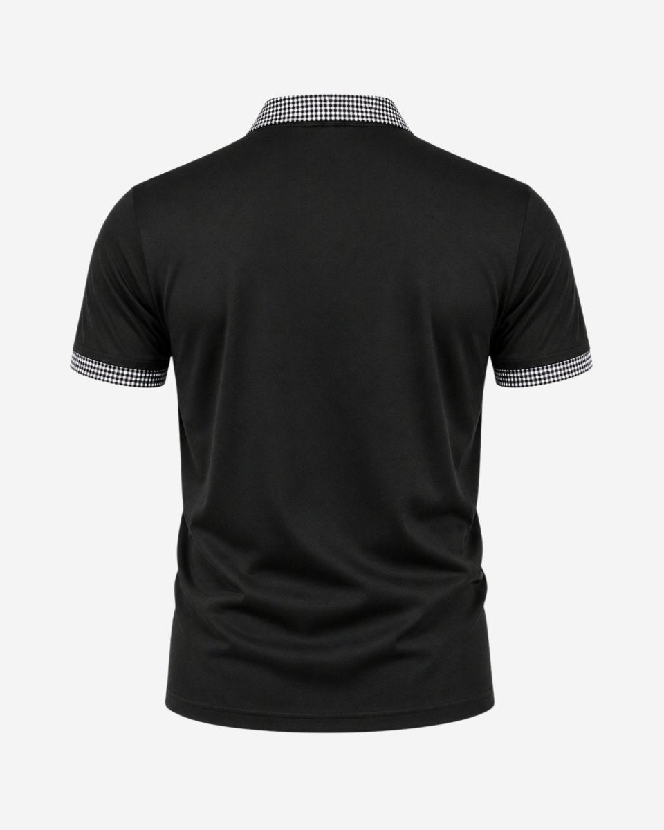 Black polo shirt with checkered collar and sleeve ends on a white background