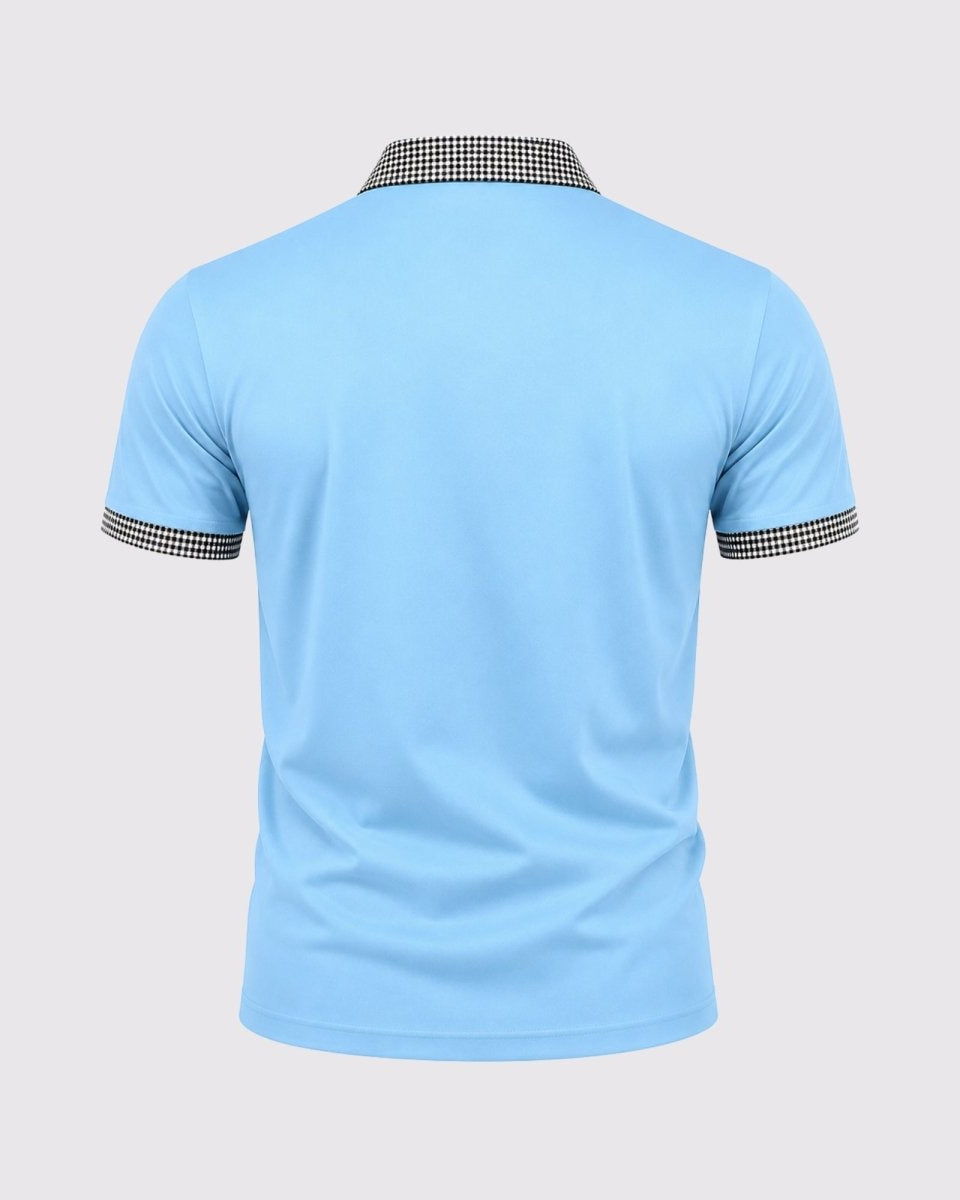 Light blue polo shirt with checkered collar and sleeve ends on a light gray background