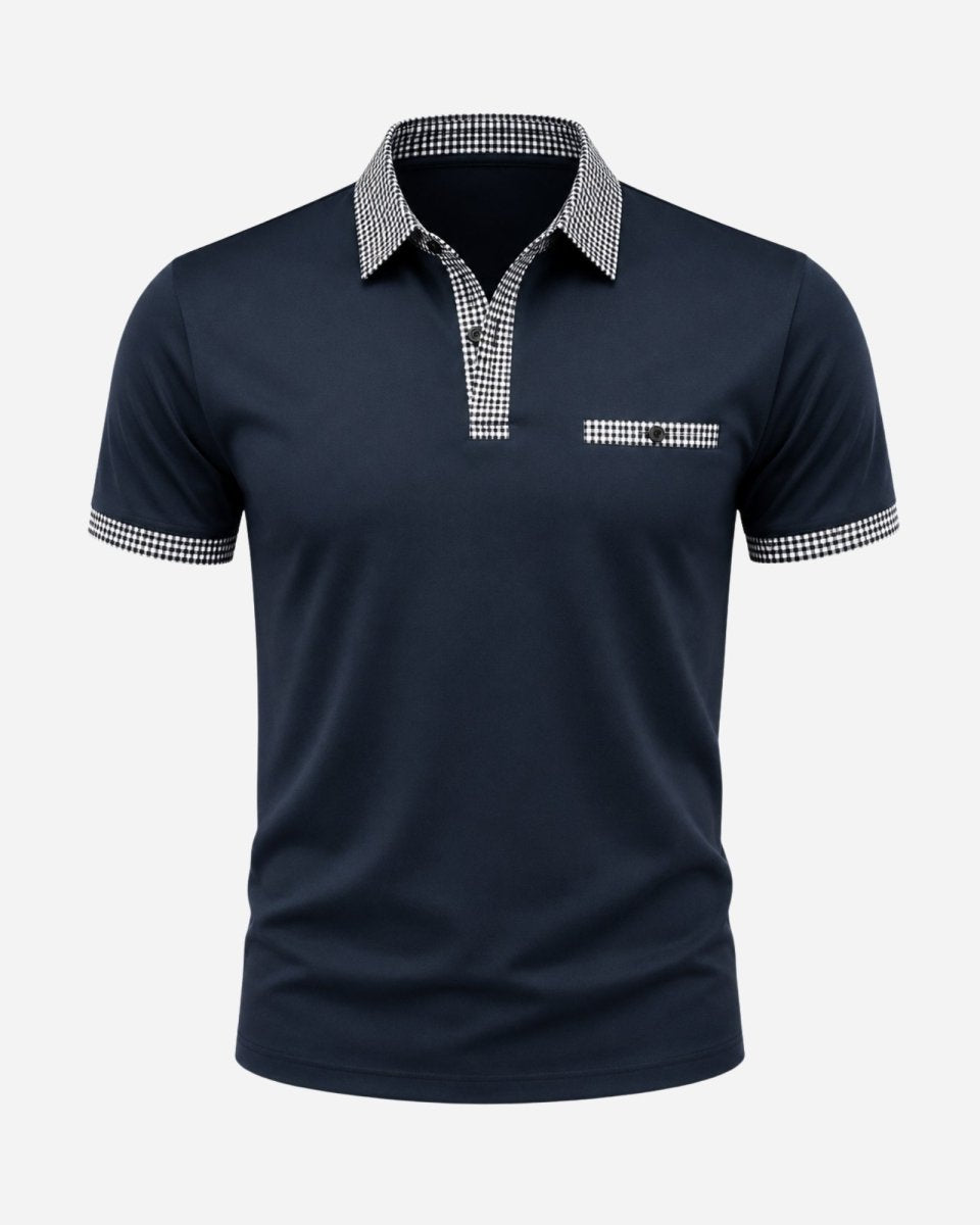 Navy blue polo shirt with checkered collar and sleeve details on a white background