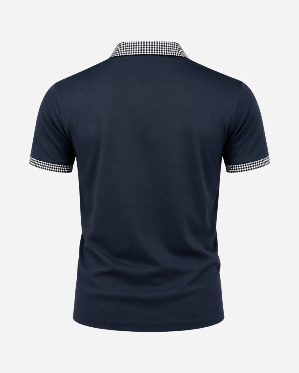 Navy blue polo shirt with checkered collar and sleeve ends on a white background