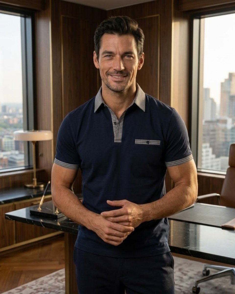 A man wearing a navy blue polo shirt with a patterned collar and sleeve cuffs, standing in a modern office with large windows overlooking a city skyline.