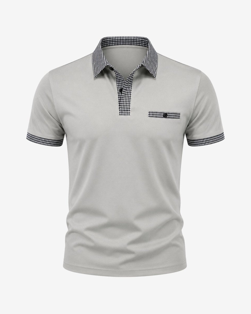 Gray polo shirt with checkered collar and sleeve ends on a white background