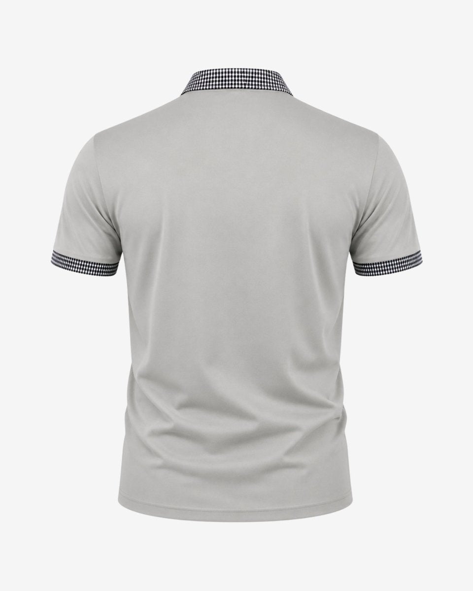Gray polo shirt with checkered collar and sleeve ends on a white background