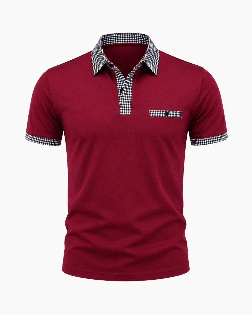 Red polo shirt with checkered collar and sleeve trim on a white background