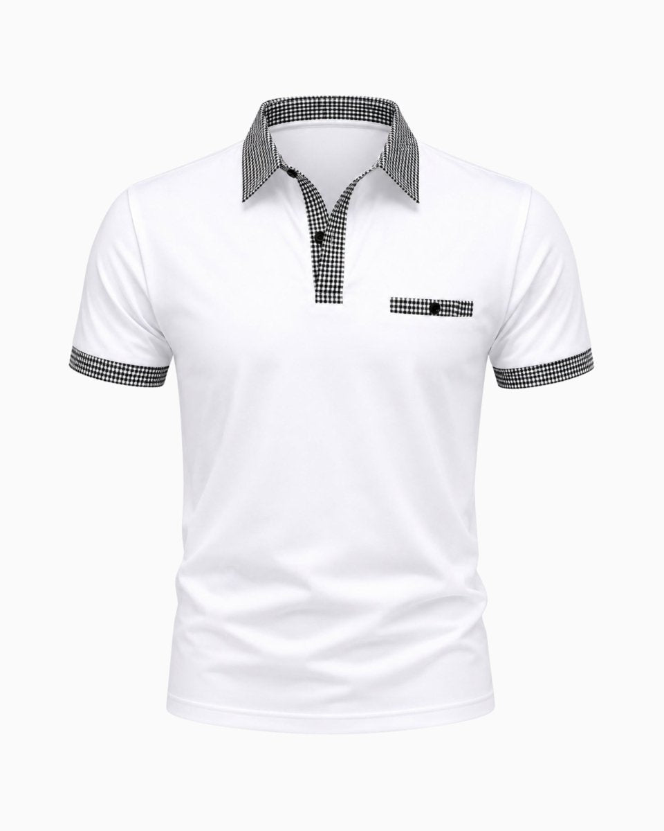 White polo shirt with black and gray checkered details on a white background