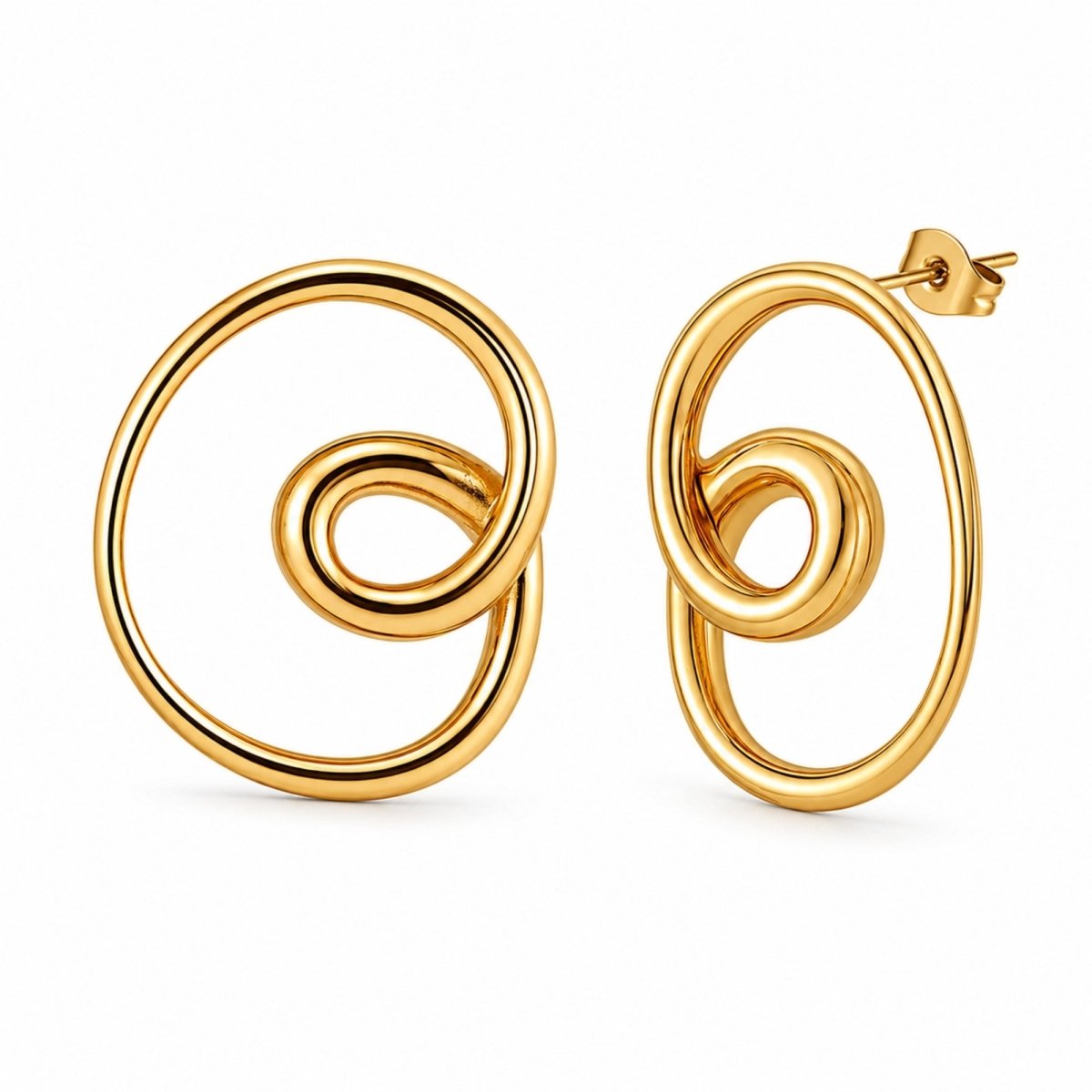 Detailed studio shot of gold intertwined geometric statement stud earrings with premium butterfly closures, isolated on a bright white background.