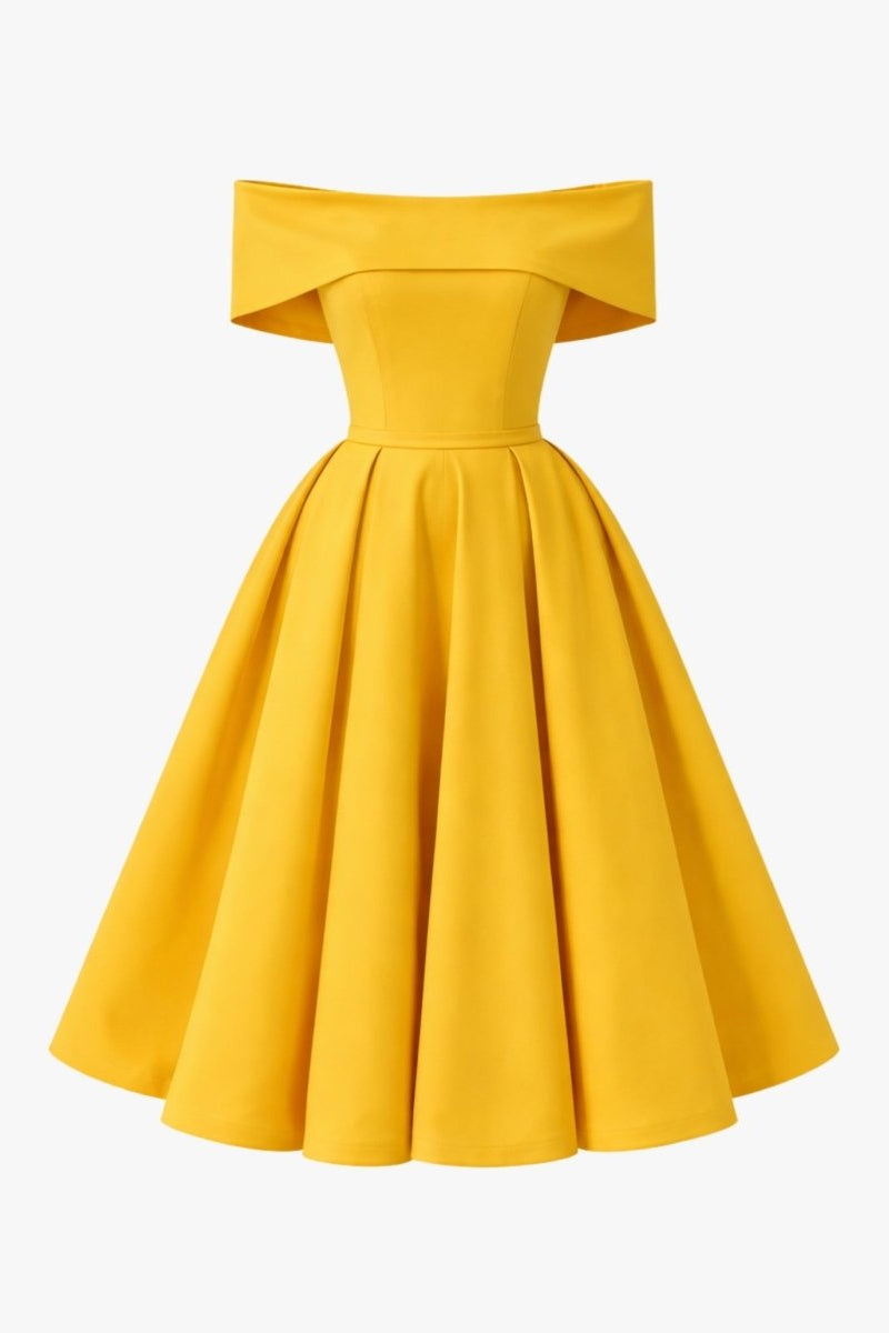 Gold off the shoulder bardot midi dress shown flat against white background
