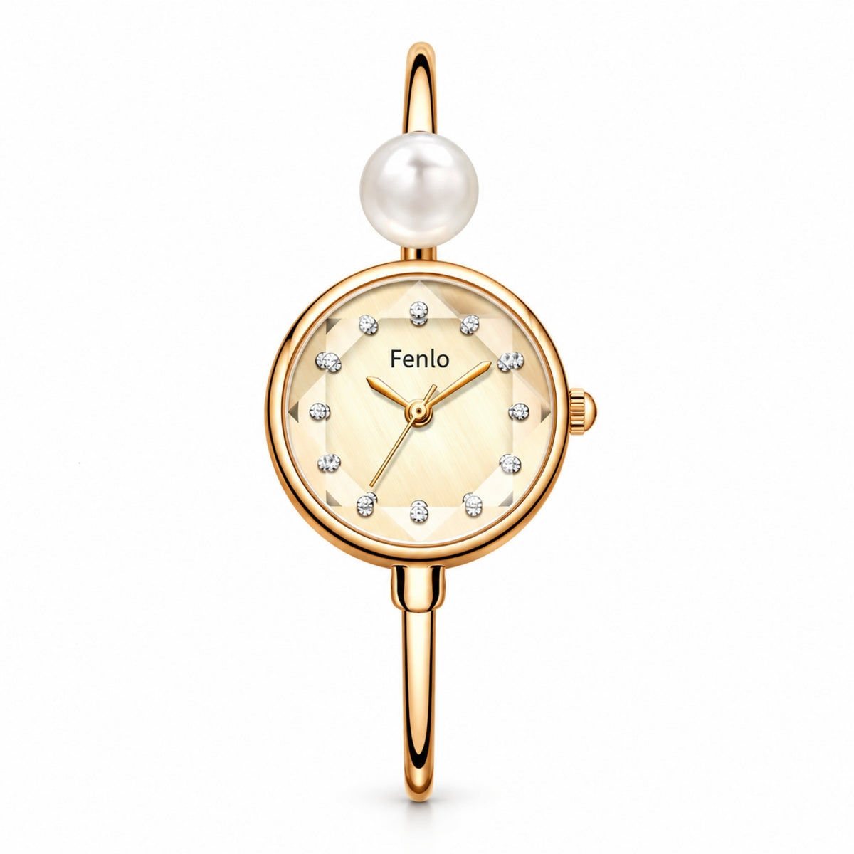 A gold-tone bangle watch by Fenlo featuring a round bezel, crystal-set hour markers, gold-tone hands, and a single white pearl suspended above the watch face on a white background.