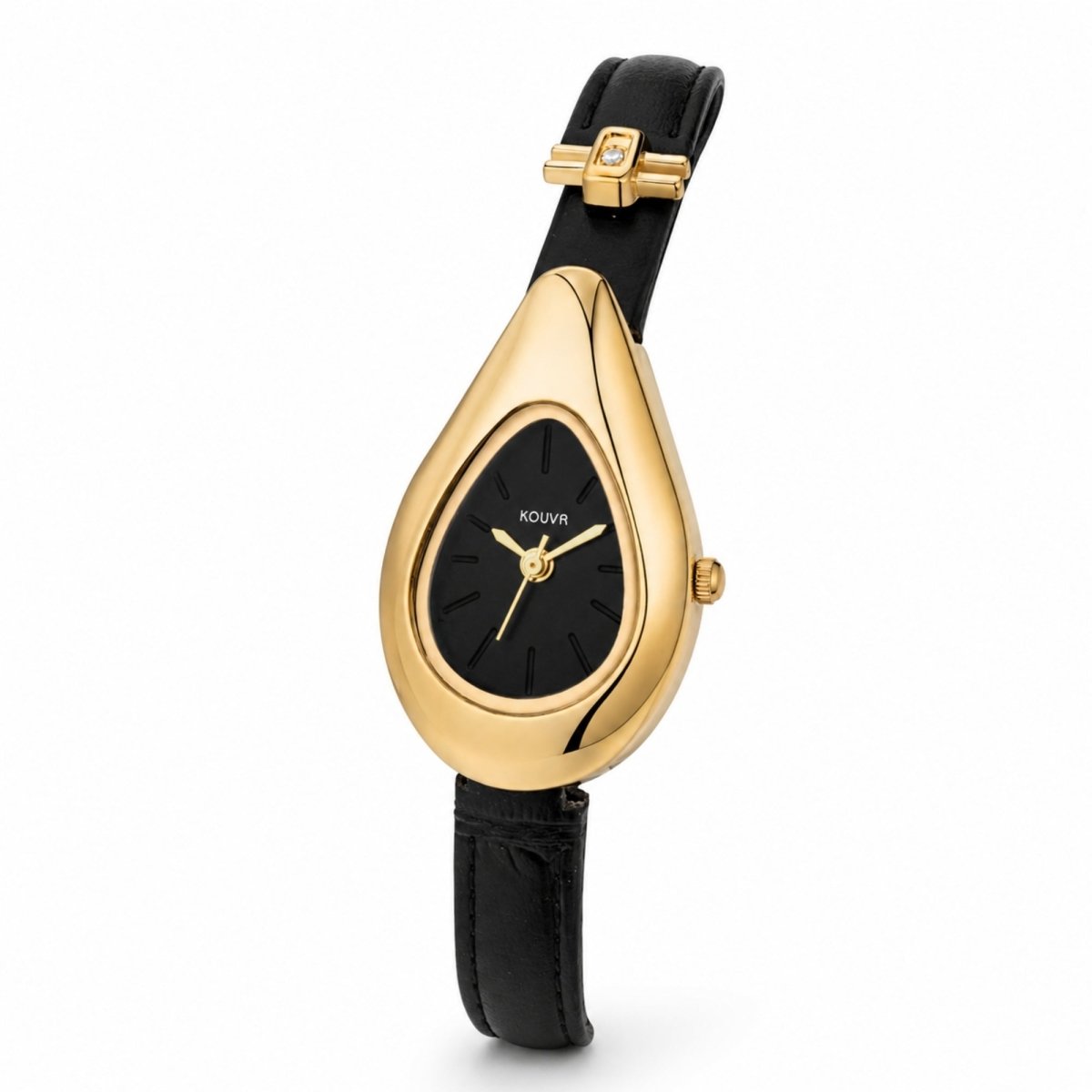 Angled profile of Kouvr women's teardrop watch highlighting the polished gold stainless steel case, glass curvature, and crown