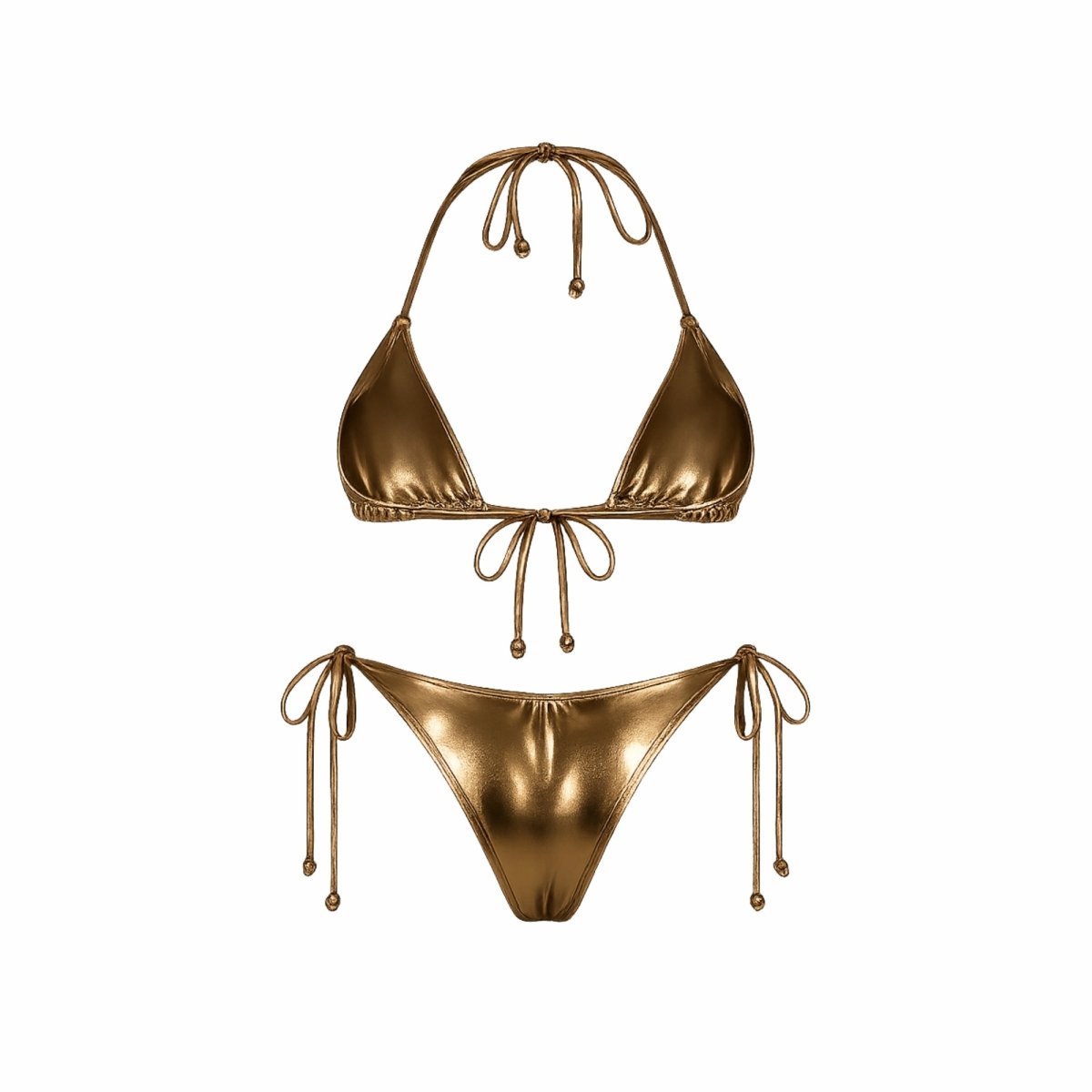 Back flat lay of gold two-piece swimwear displaying seamless stitching and rust-proof bead hardware