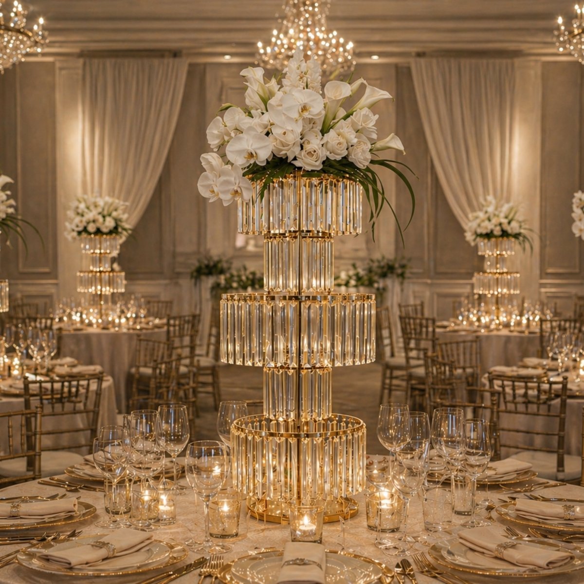 Gold multi-tiered chandelier floral stand featuring white orchids and roses in a luxurious grand ballroom setting.
