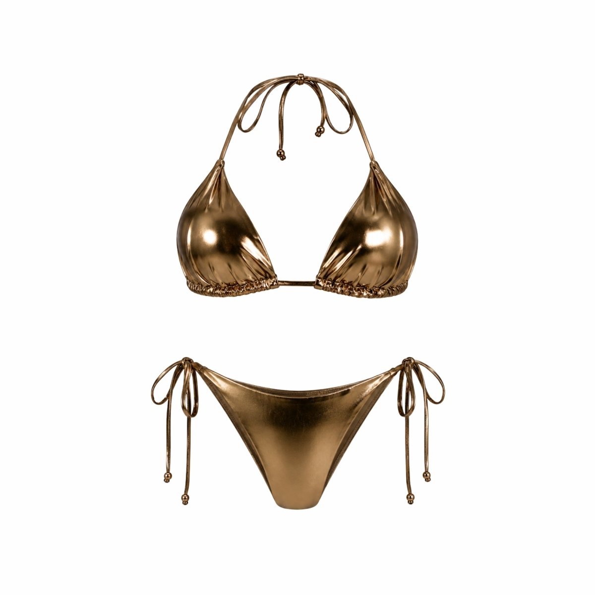 Flat lay of front side of metallic gold triangle bikini set showcasing premium shiny foil fabric
