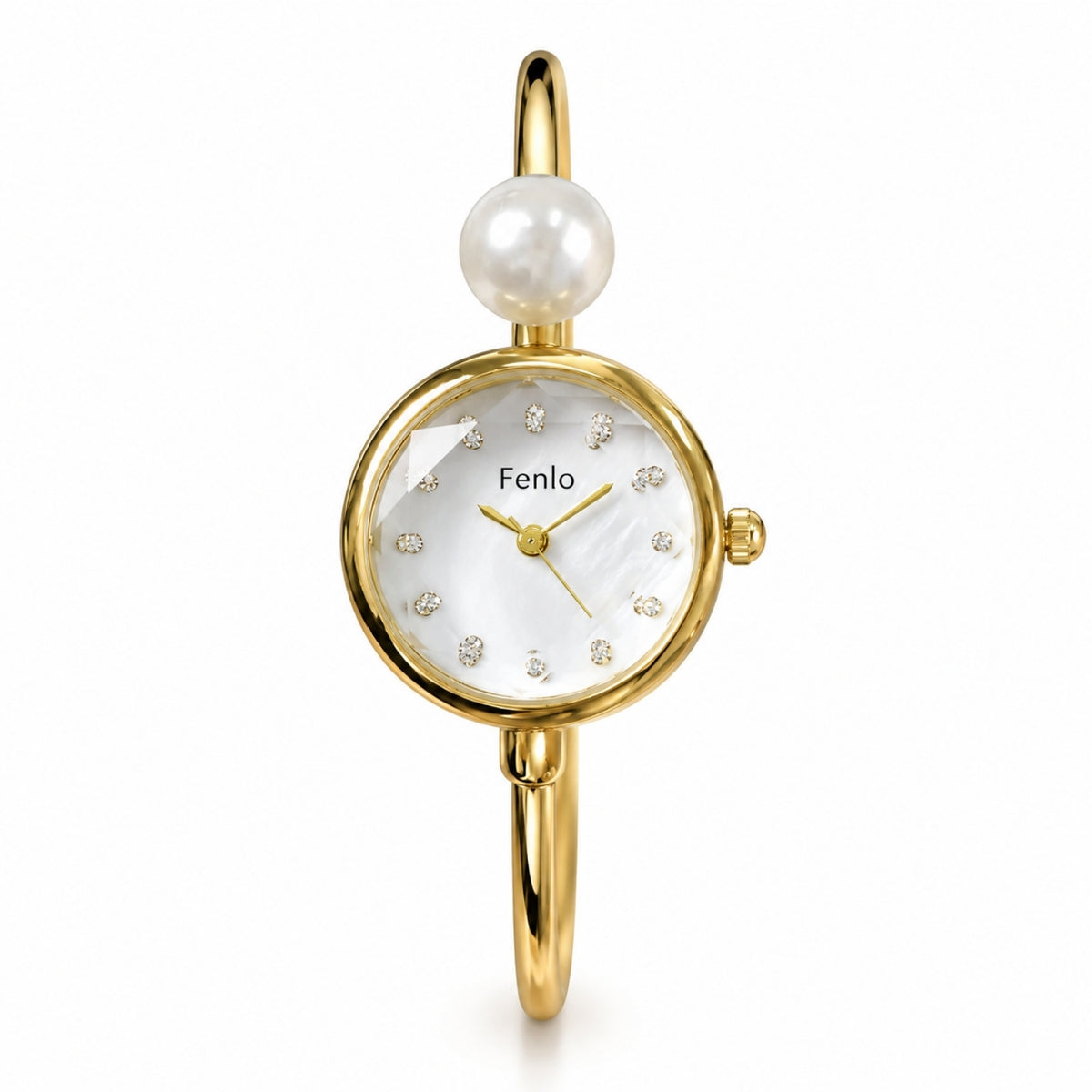 A gold-plated bangle watch by Fenlo, featuring a white mother-of-pearl dial with rhinestone hour markers, a single white pearl at the top, and a polished gold bangle band, shown on a white background.