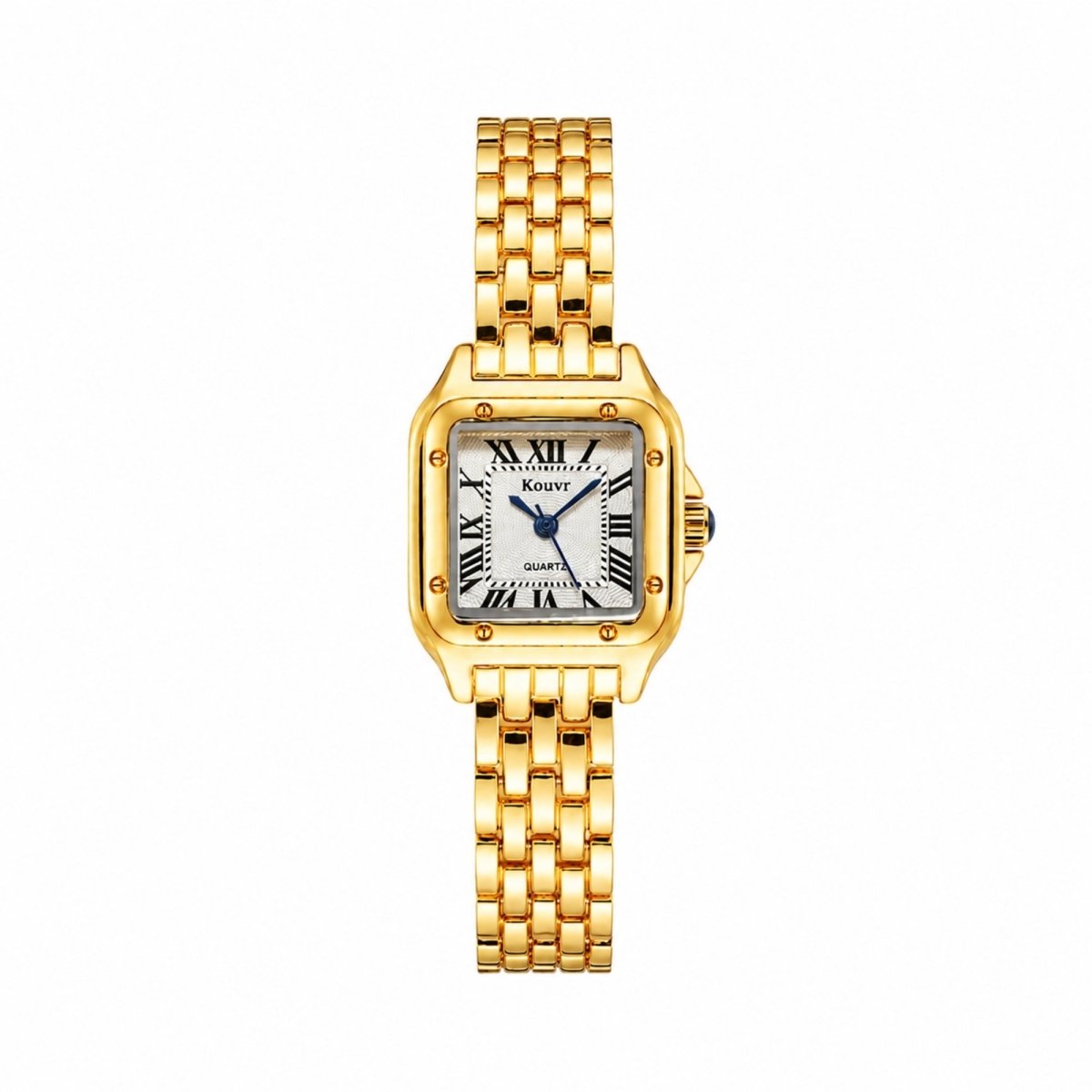 Direct front profile of the Kouvr classic gold women's watch showing polished link bracelet and square face on a seamless white background.