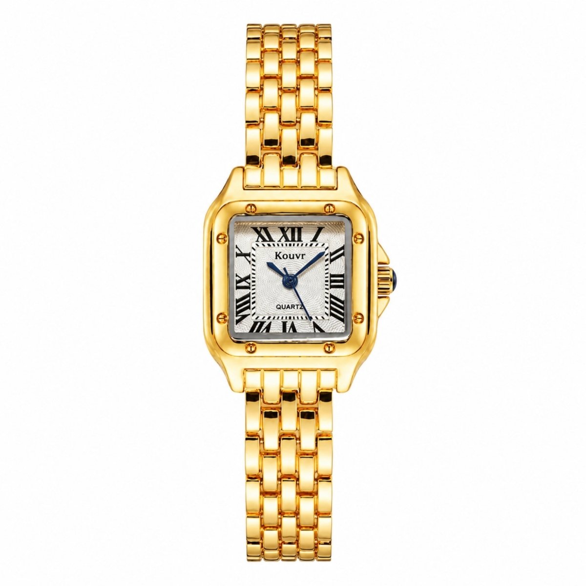 Studio shot of the Kouvr women's gold quartz watch with decorative crystal bezel and textured dial isolated against a pure white background.