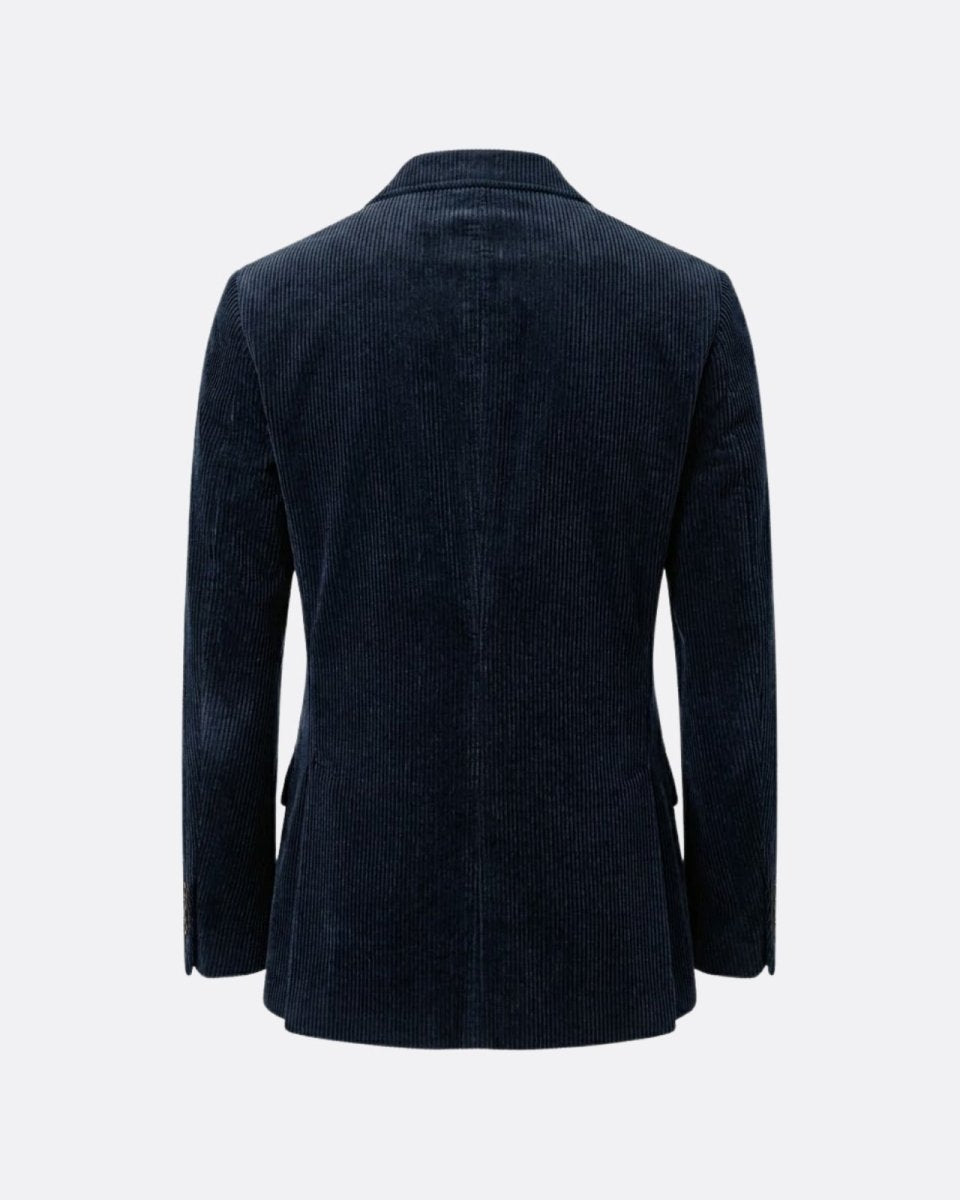 Product flat lay showing the back of the  dark-blue corduroy blazer, detailing the center vent and fine stitching.