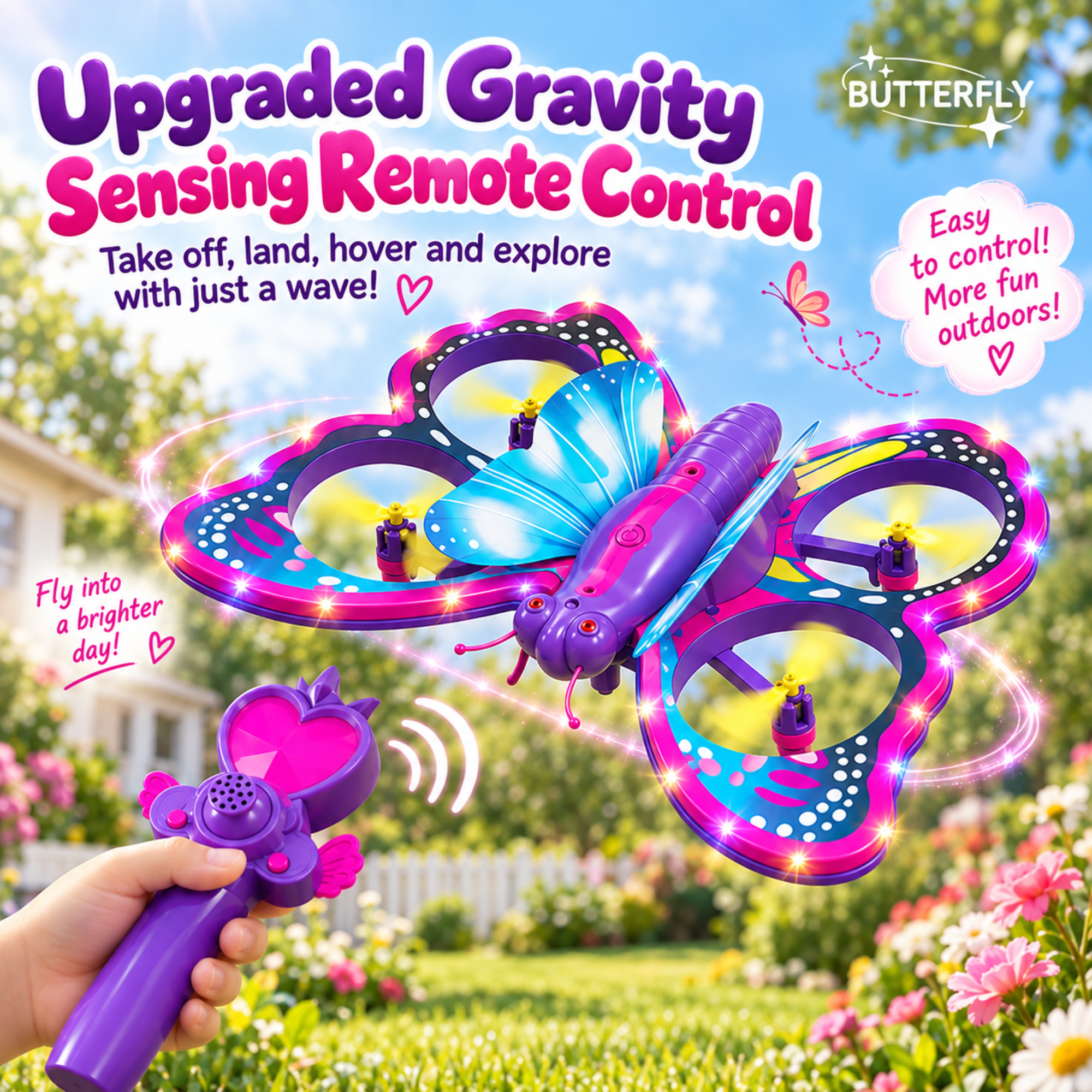 A purple butterfly-shaped remote-controlled drone with glowing LED lights is shown flying outdoors in a garden while a hand holds a matching purple remote control. Large promotional text at the top reads 'Upgraded Gravity Sensing Remote Control' and 'Easy to control! More fun outdoors!' with a Butterfly logo in the top right.