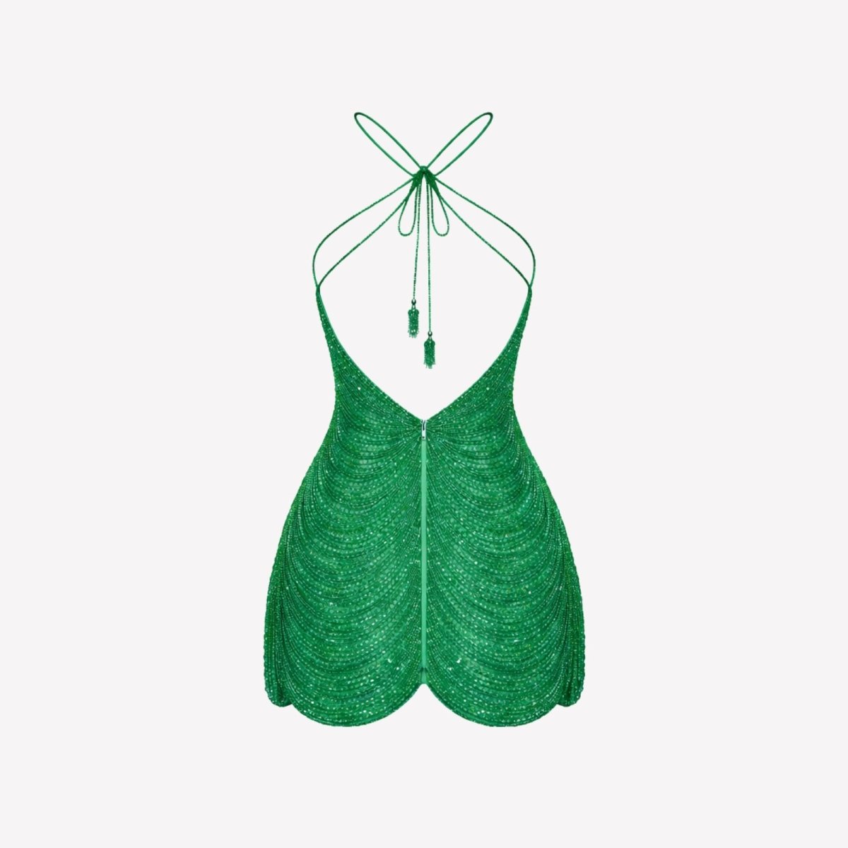 Flat lay back view of a green beaded mini dress with an open-back design and tassel tie details for a party or night out.